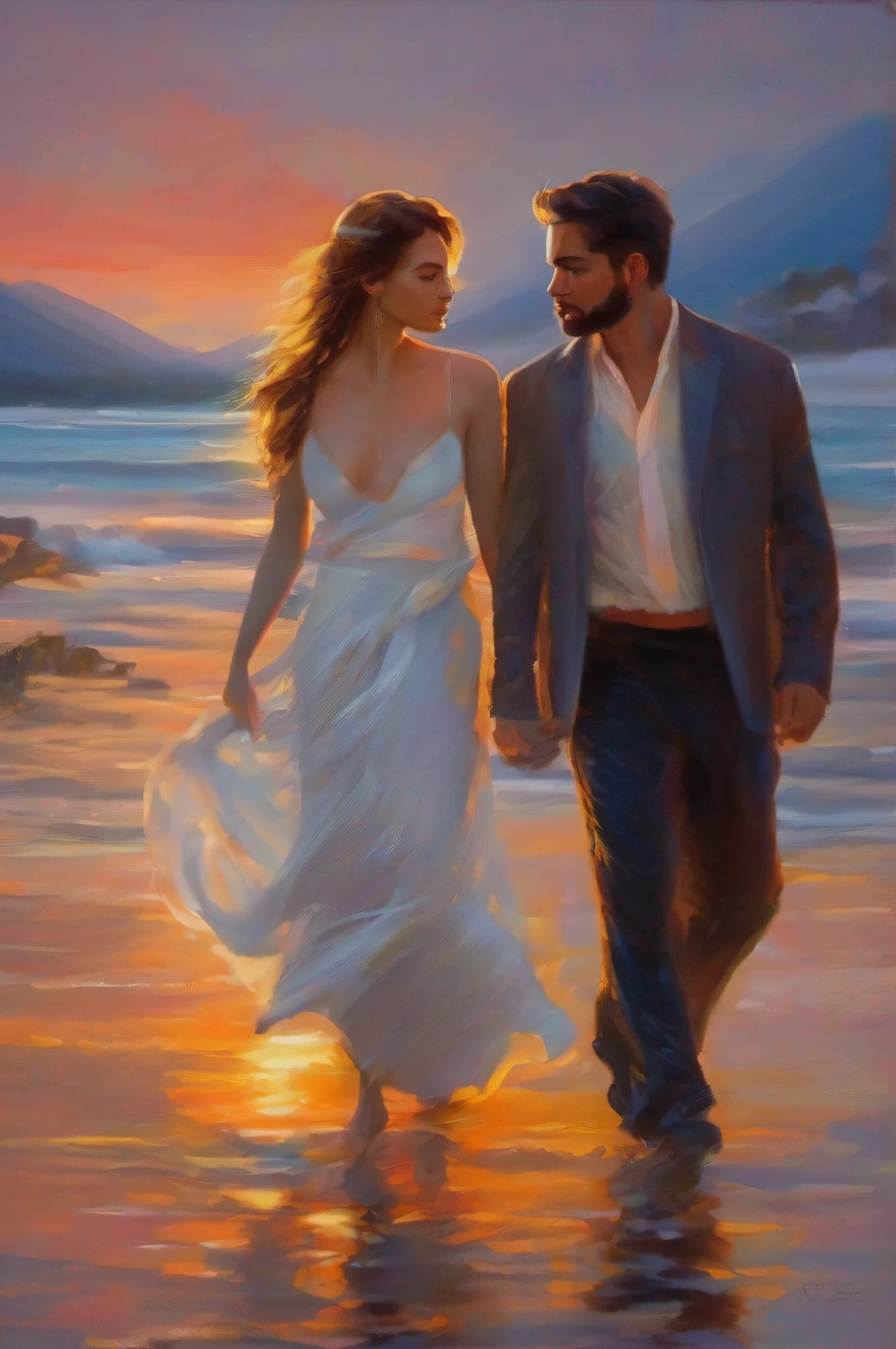 pintura Impressionista de um casal apaixonado andando em um fim de tarde, com um por do sol lindo,