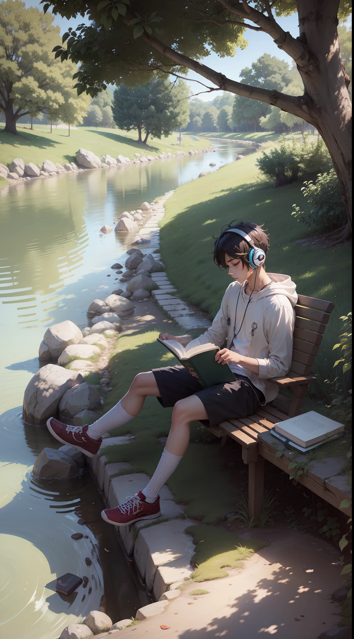 "Anime boy reading and listening to music under a tree near a river."