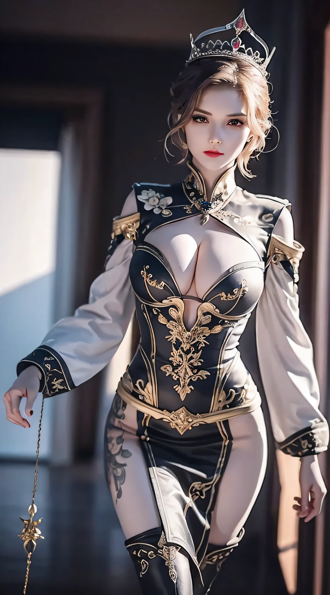 1girll, 独奏, tmasterpiece, CG, 8K, RAW photogr, pic, simple backgound, (looking at the camera in:1.2), Cowboy shooting, standing on your feet, posing on a, Hyper detailed skin, (Super detailed face:1.2), eyeslashes, Black eyeliner, black eyeshadows, tiara crown, braidedhair, Tattoo on the forehead, short detailed hair, Golden hair, pony tails, beaturiful body, detailed outfits, long skirt, High slit, Separate the sleeves,big cleavage breasts, white stockings, kneeboots,