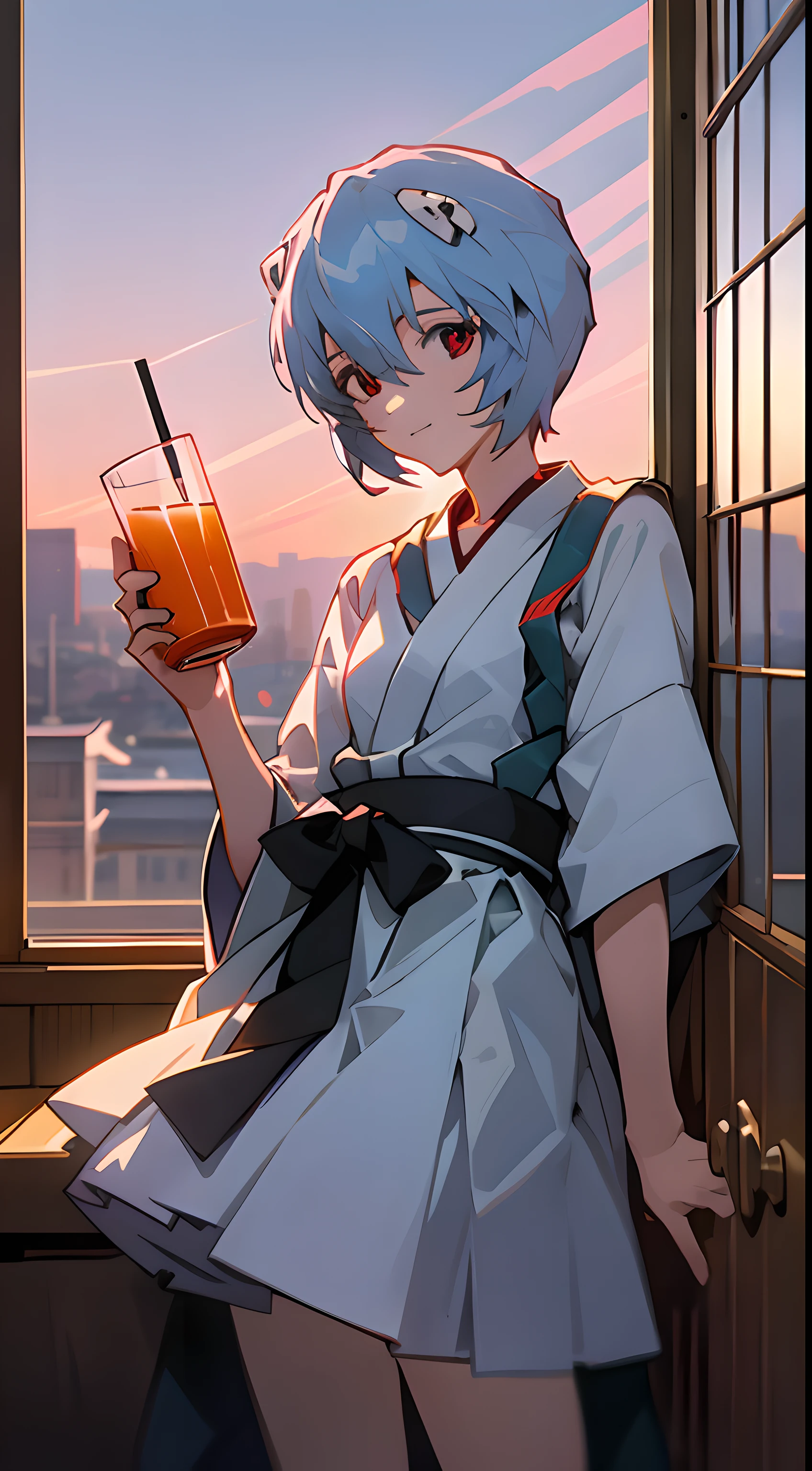 1 girl, Ayanami, Evangelion, 8K, best quality, gentle smile, japanese cloth, looking out the window, dusk light, more details,Drinking juice, summer, cool style, bright colors