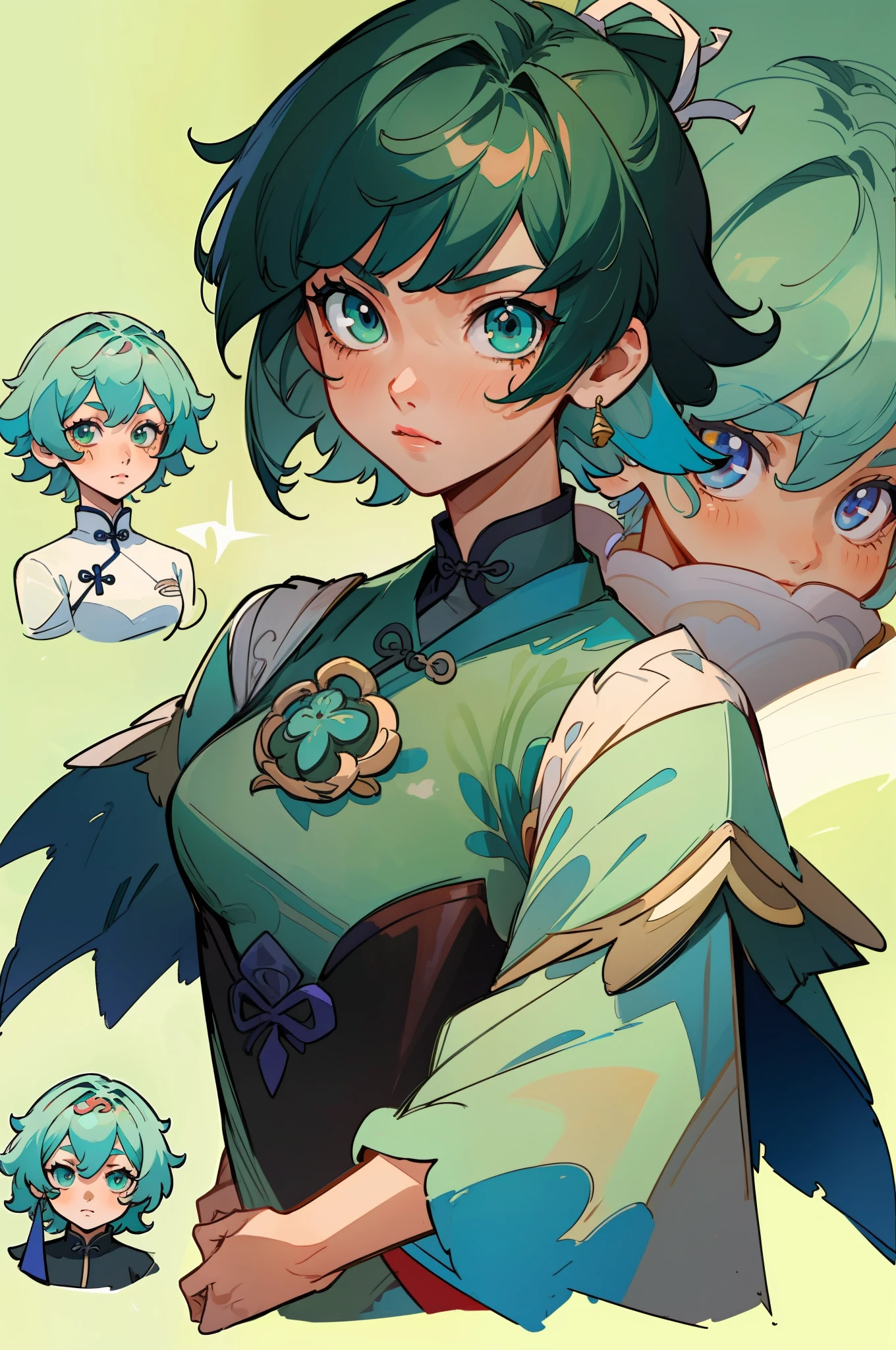 Close up of a girl with dark green hair with short hair，Wear a simple dress，Chinese girl design，Genshin level detailed art，Anime character design，anime concept art，pretty anime character design，anime character reference sheet，[character  design]