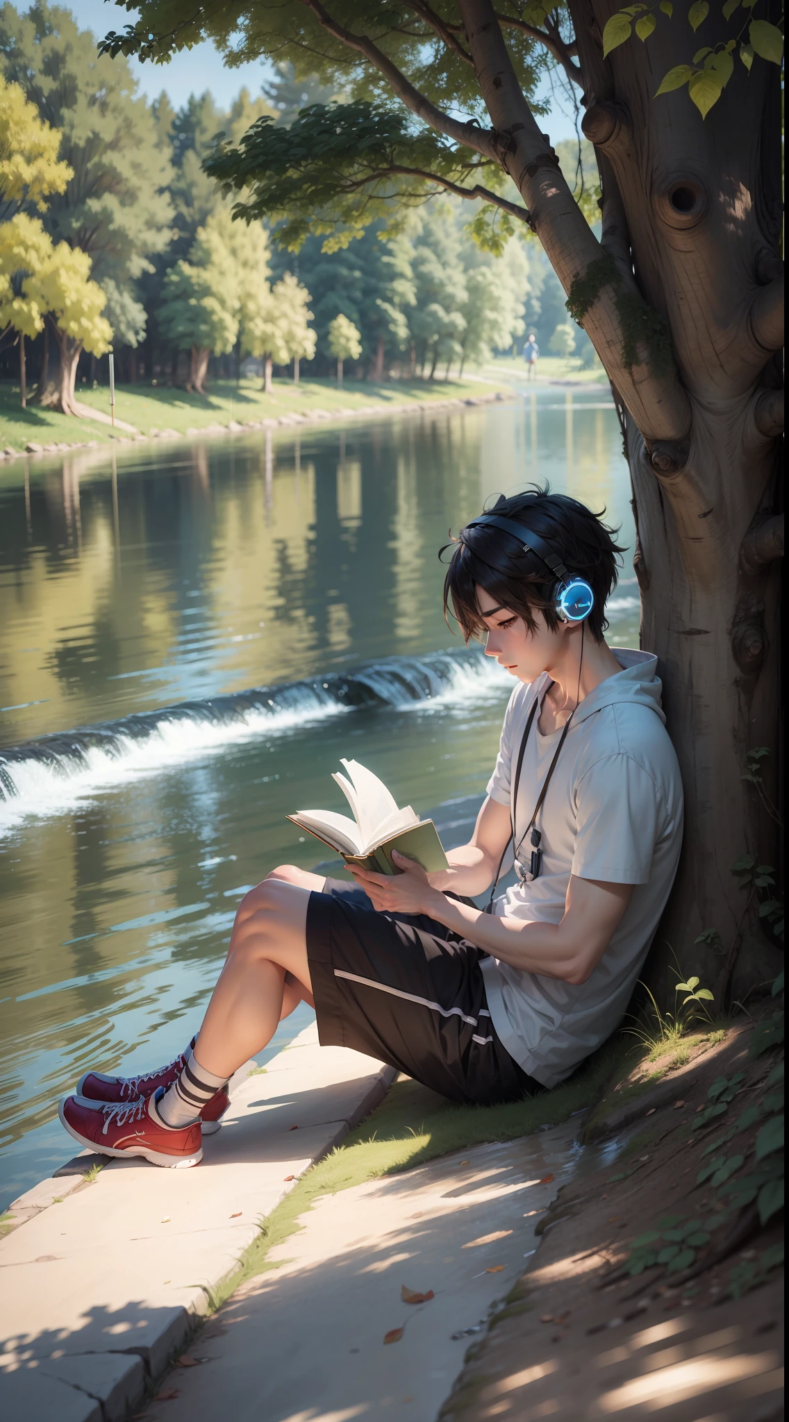"Anime boy reading and listening to music under a tree near a river."