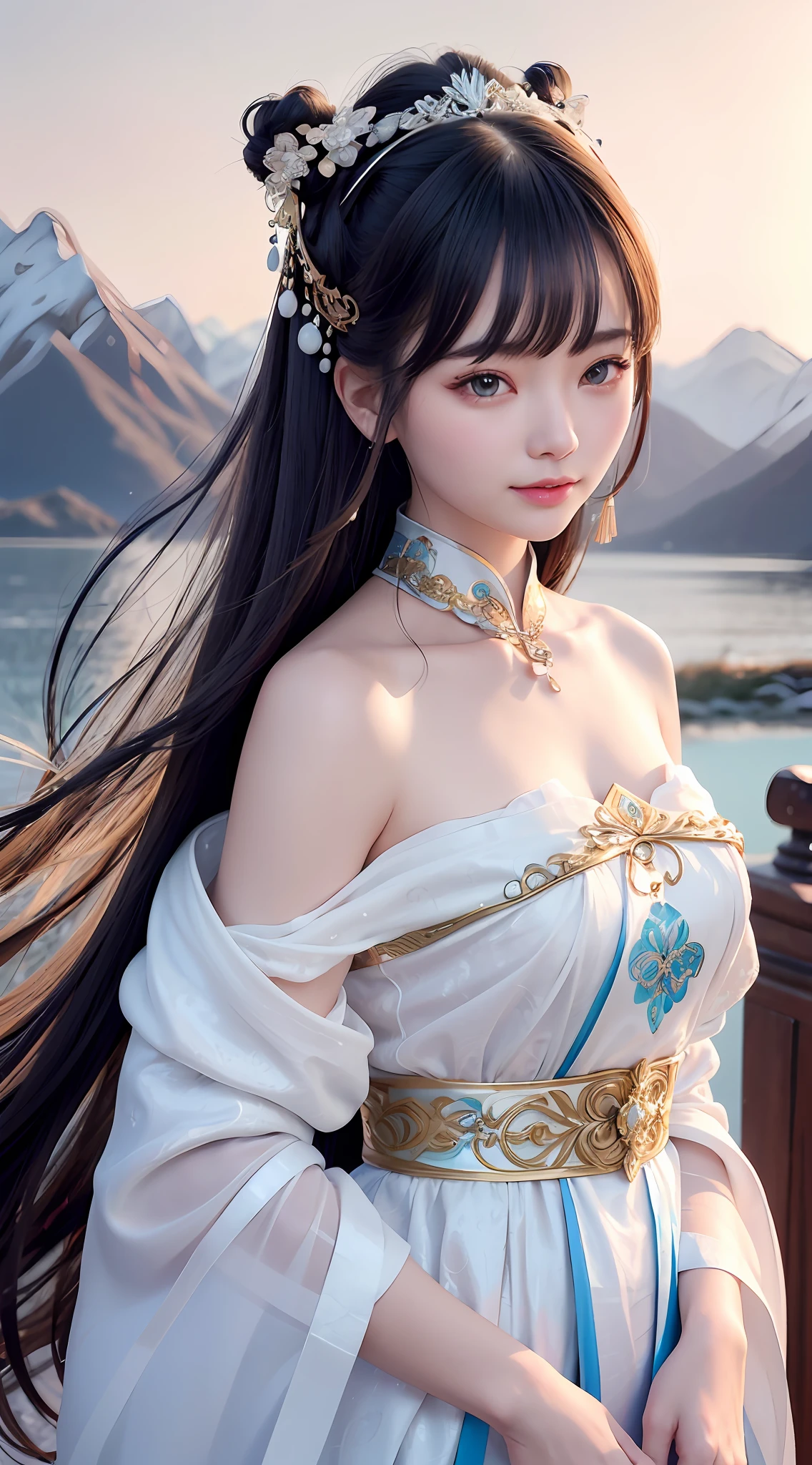 close up on face, Ultra-fine face,femele, China-style, Ancient wind,Hanfu, long whitr hair, Delicate clothing patterns, opulent, ellegance, ssmile,Skysky, Ribbons,Sense of brokenness, ruri, Buble, Double up braid, Hairline, slanted bangs, shairband, hair adornments,glitters, cinmatic lighting, hyper HD, A high resolution, best qualtiy, 8K, high detal, high qulity, super detailing, anatomy correct, tmasterpiece, ccurate,snow mountains,tenchi,Tian Shan,Layers of mountains,Stand on the water