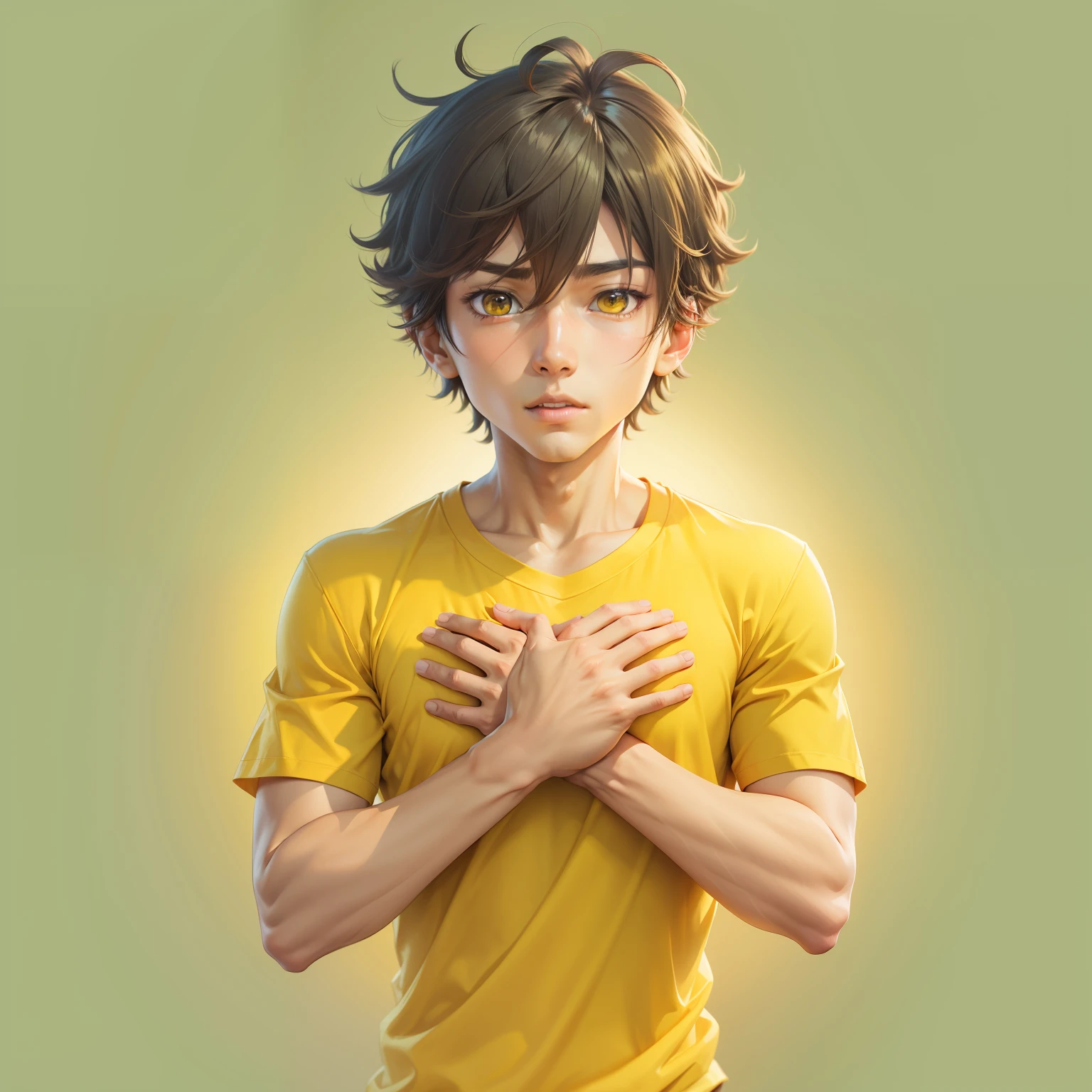 An handsome anime boy wearing yellow t-shirt, hyper realistic,4k, folded hands