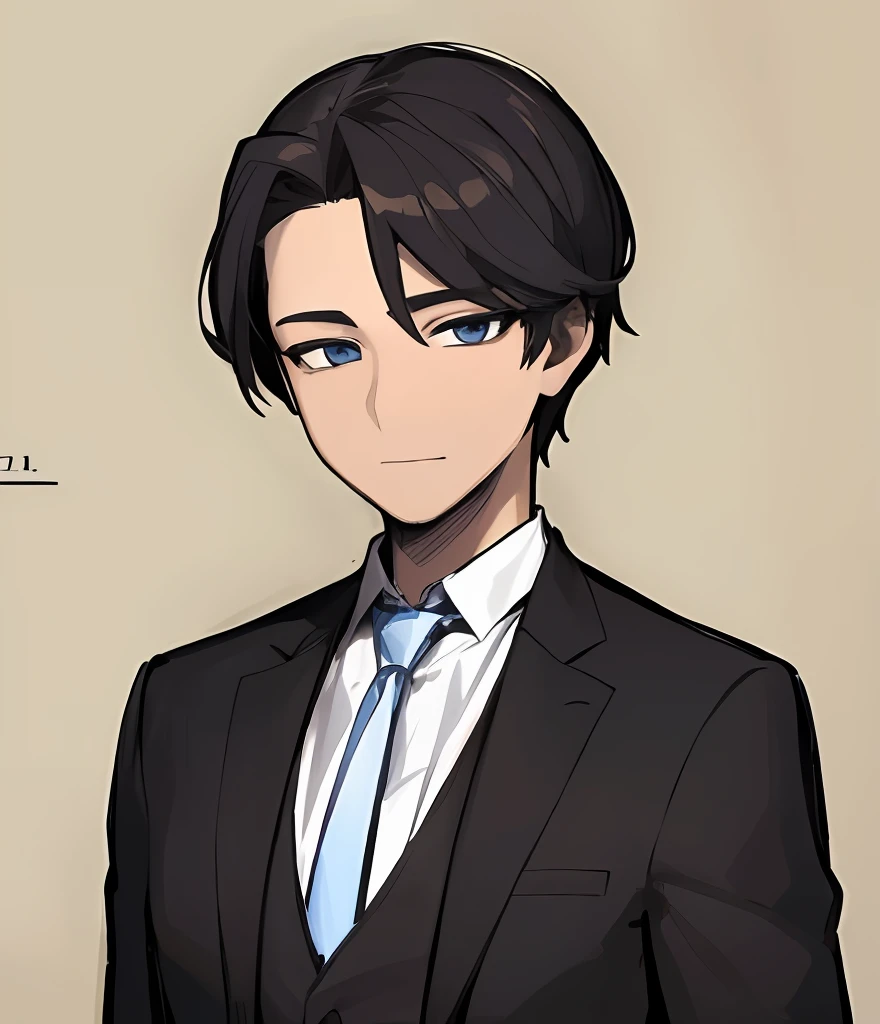 ((Masterpiece))), (((Best Quality))), ((Ultra-detailed)), (very detailed illustration), cinematiclight,, 1 guy  (Masterpiece: 1.2), (Best Quality: 1.3), 1 guy standing Guy in a formal suit with a black tie . Dark hair, blue clear eyes