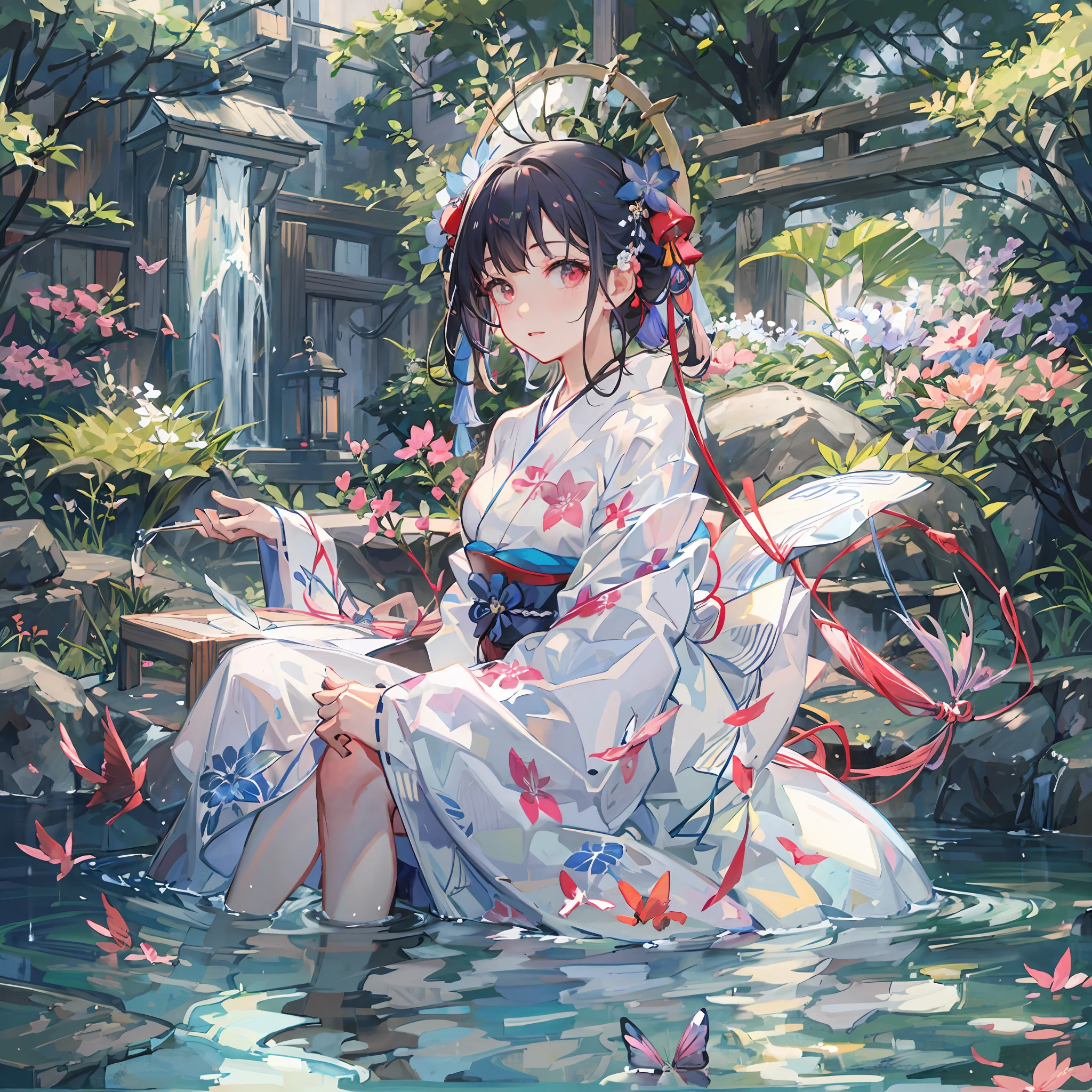 masterpiece、top-quality、1人の女性、((Hair is iridescent))、Hair is about the length of your back、((Vibrant hair))、Women in Their 20s、((White yukata))、The whole body is shown、Bathing in the pond、mysterious figure、Fantastical、shrine maiden、Heavenly daughter、Beautiful woman、Water is shining、Clothes are wearing、