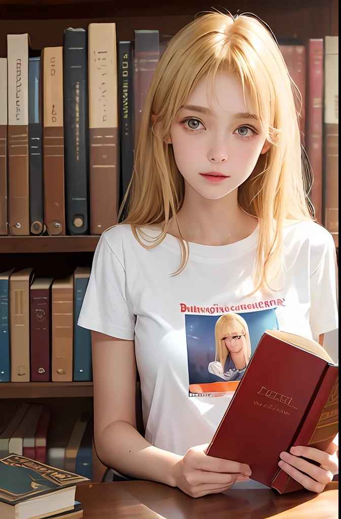 (1girls), flat breasts, skinny girl, Also, Taufrische Haut, verschwitzte Haut, gewelltes blondes Haar, Weites T-Shirt, Learning books in the library, (Verwendung von Lesebrillen),