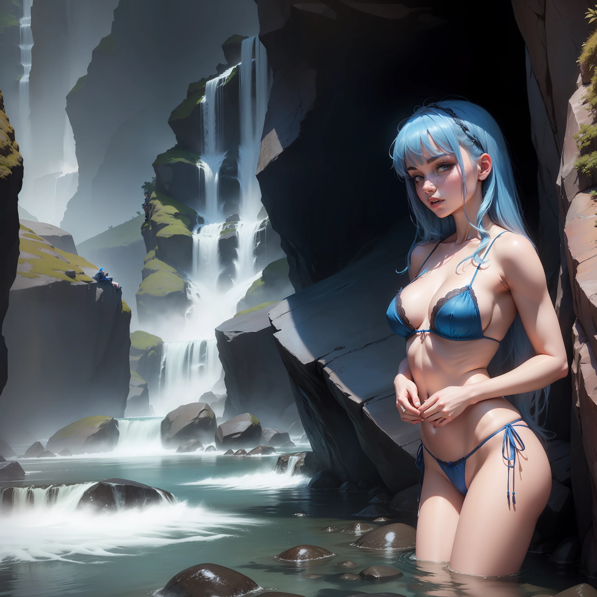 young woman, on the rocks of a waterfall, with lingerie, blue hair, with her hands in her vagina