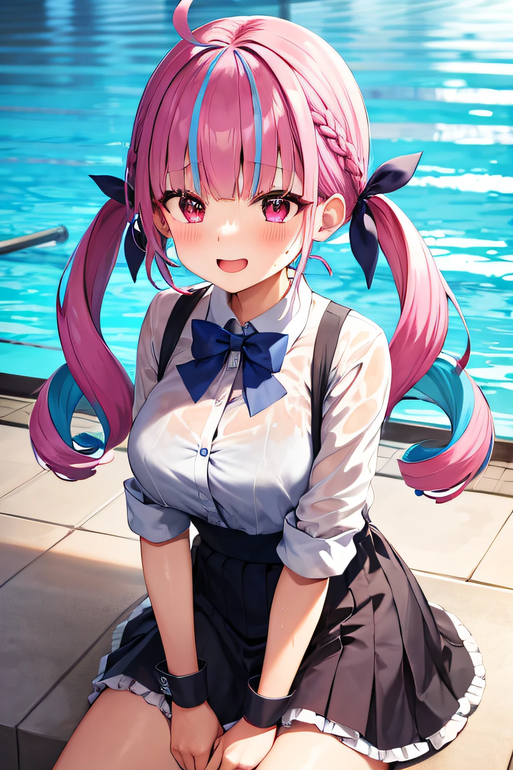 ​masterpiece、top-quality、女の子1人、Virtual Youtuber、Minato Aqua、multi color hair、Twin-tailed、Color Inner Hair、Two-tone hair、Drill Hair、twin drills、Ahoge、Ankle Cuffs、striated hair、white bow、Cowboy Shots,Smile,Opening Mouth,swimming pools,all fours,cleavage,wet clothes,dress shirt