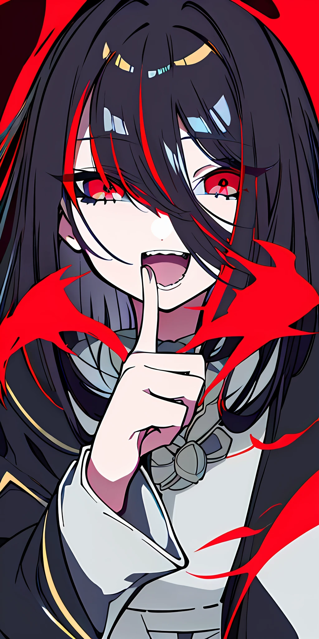(1girll，brunette color hair，robe，One eye covered，red eyes) laughingly，Sharp eyes。