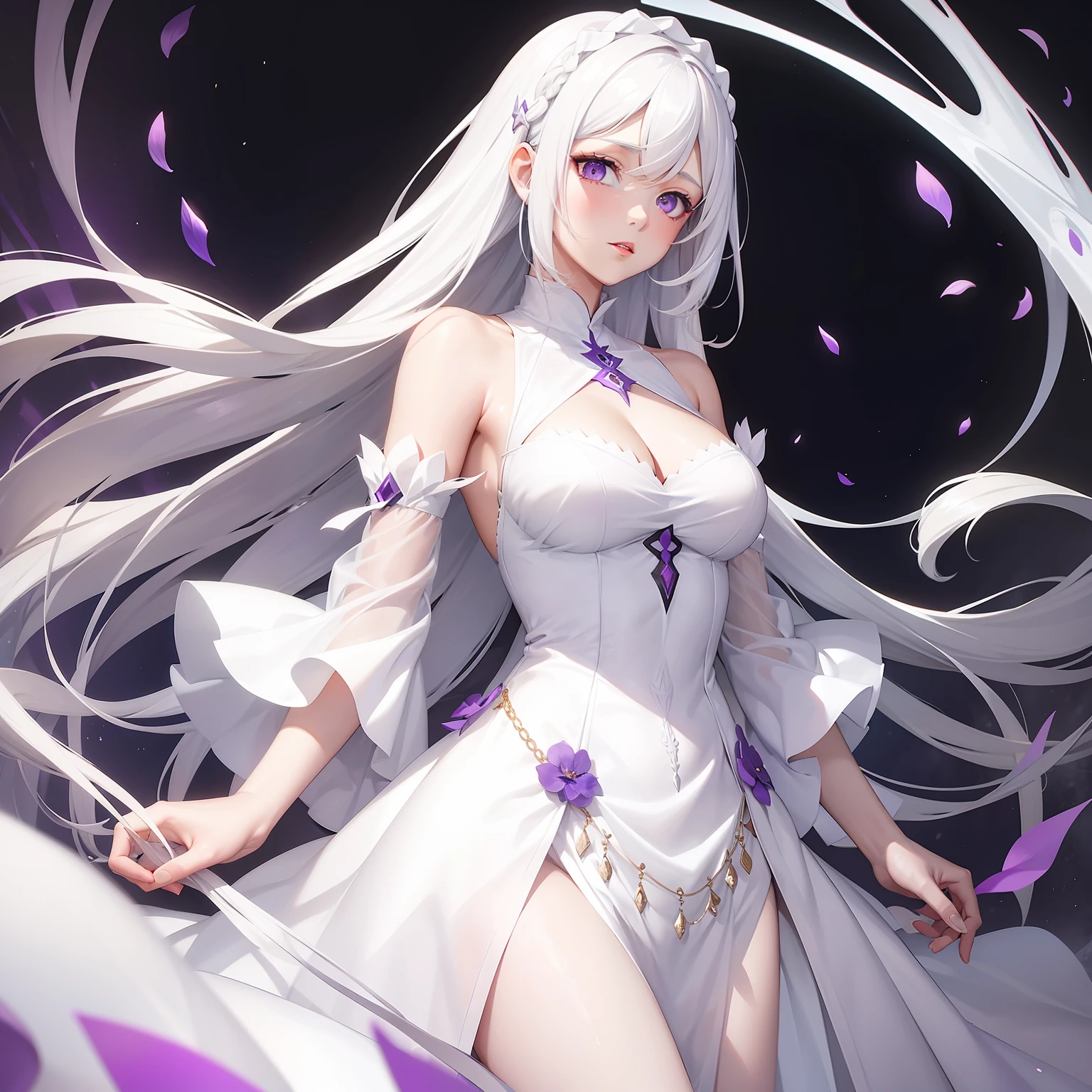a women, white hair, purple eyes, white dress
