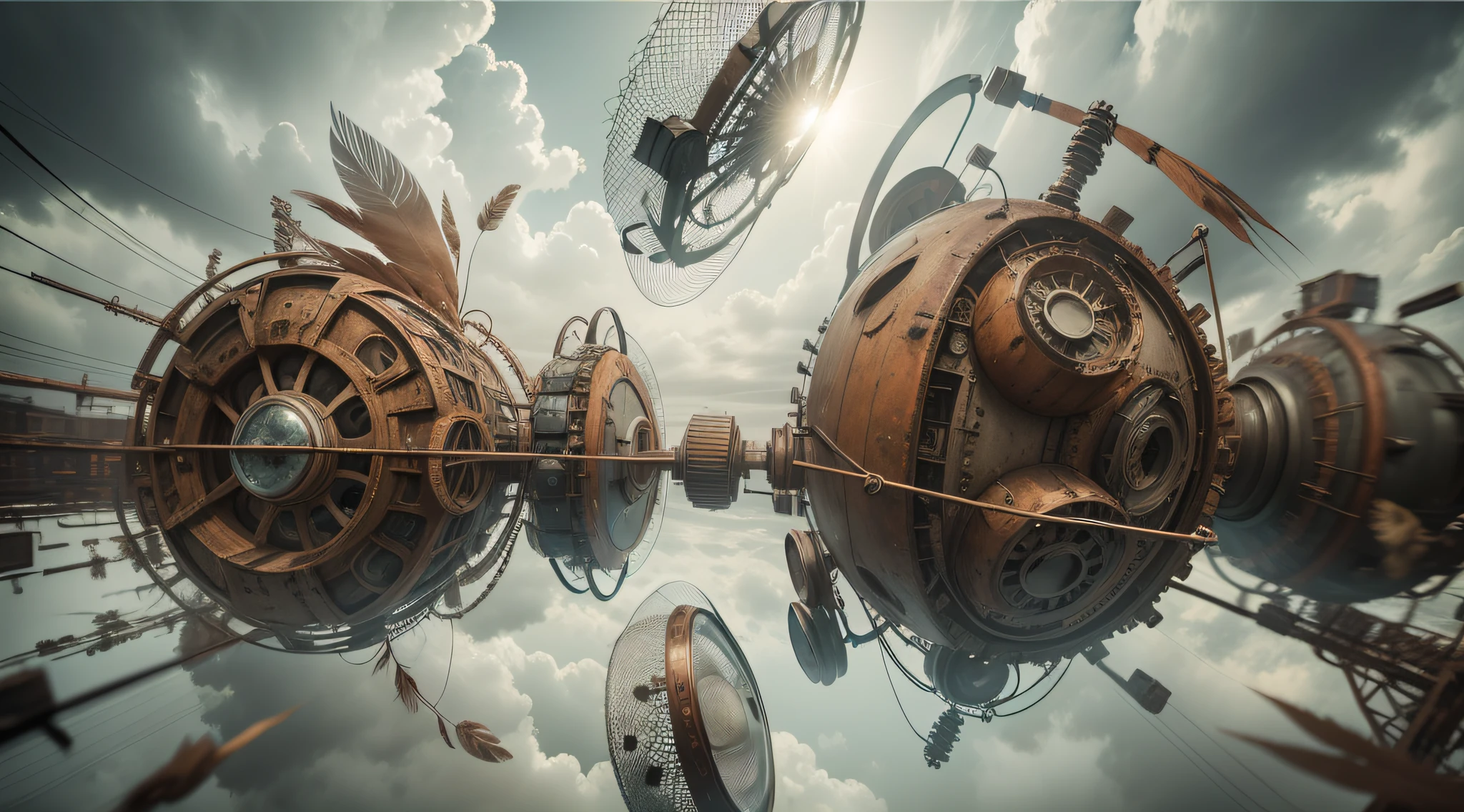 a heavily distorted, fading late morning heavily overcast sky, a singular object comprised of contorted feathers/machinery/pipes/rusted components is floating in the air, extra detail, 4kHD details, best resolution, surrealistic composition, extreme camera angle, motion blur, depth of field, foreshortening, tilted camera angle, cinematic lighting, movie scene, precise details, intense details, panoramic image, fish eye lens