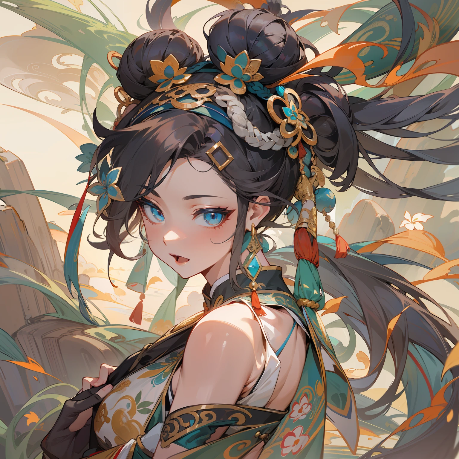 An ancient Chinese beauty,two hands,structurally correct,Dragon and phoenix background,dance,The ornate costumes are embroidered with intricate embroidery,A long transparent colored streamer is tied around the arm,flowy,Open navel,cropped shoulders,Bare neck,Yingluo,Black coiled hair bun hairpin hairband,The armband is tied with a streamer,Bracelet,Anklets,A metal chain tassel is tied around the waist,Mogao Cave Art,Inspiration for the Dunhuang flying mural,water ink,CGstation is popular --v 6