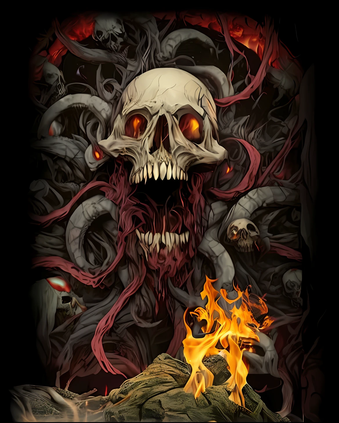 a close up of a skull with a fire in front of it, scary detailed art in color, macabre art, fiery skull contemplating life, horror fantasy art, shamanic dmt horror art, death metal album cover, adorned with demon skulls, detailed 4k horror artwork, dark fantasy horror art, flaming skull, highly detailed dark art, horror artwork