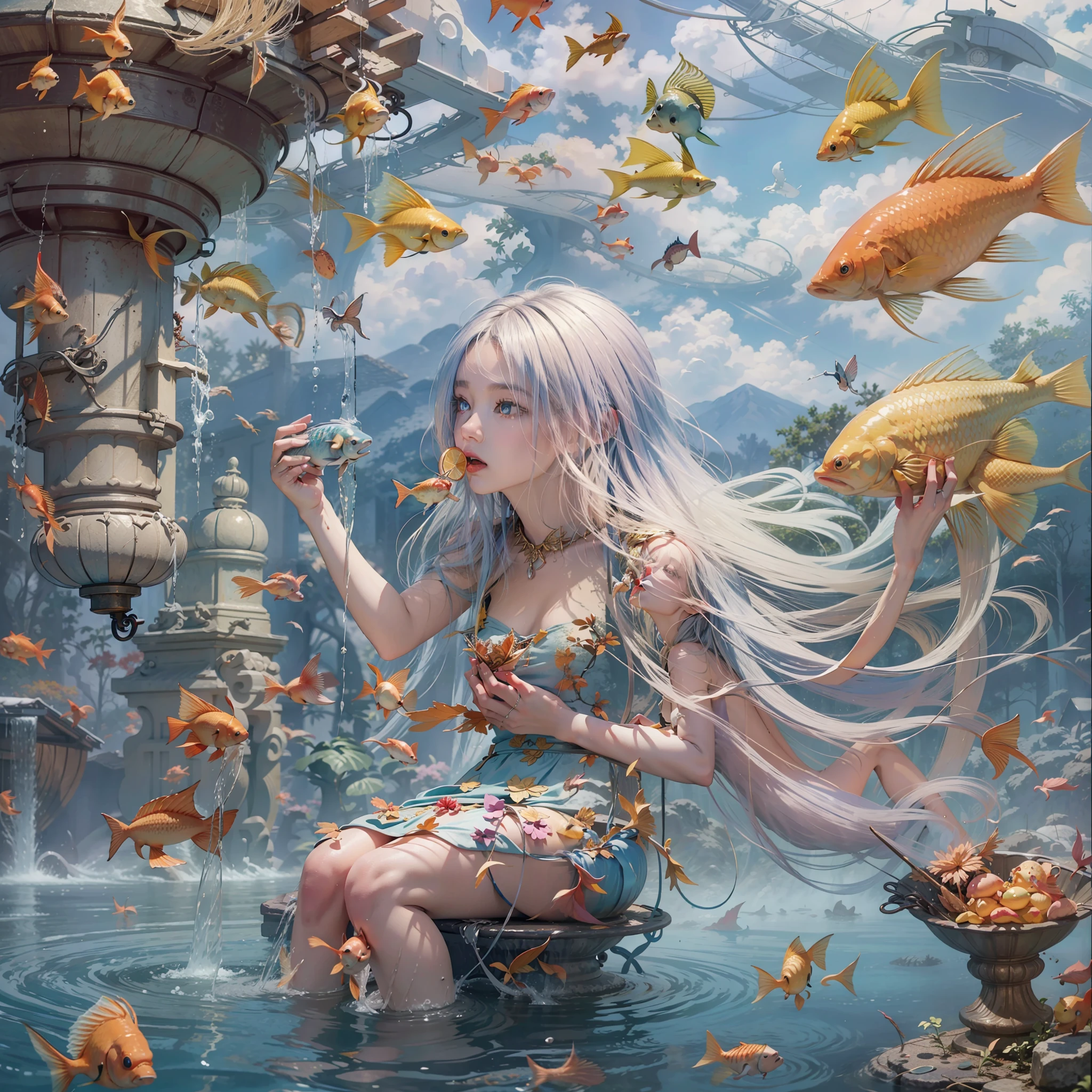 In surrealistic and realistic style. A fountain, beautiful fish floating in the air, a girl eating a candy. Strange, beautiful