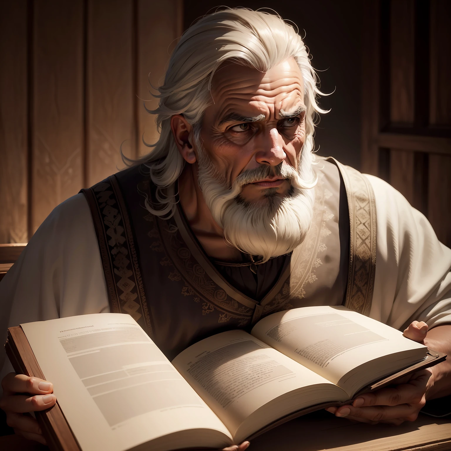 (extremamente detalhado, obra-prima, melhor qualidade), estilo tradicional, envelhecido, Wise man holding a bible, barba longa e branca, expression serious, soft-lighting, fundo com textura de pergaminho.