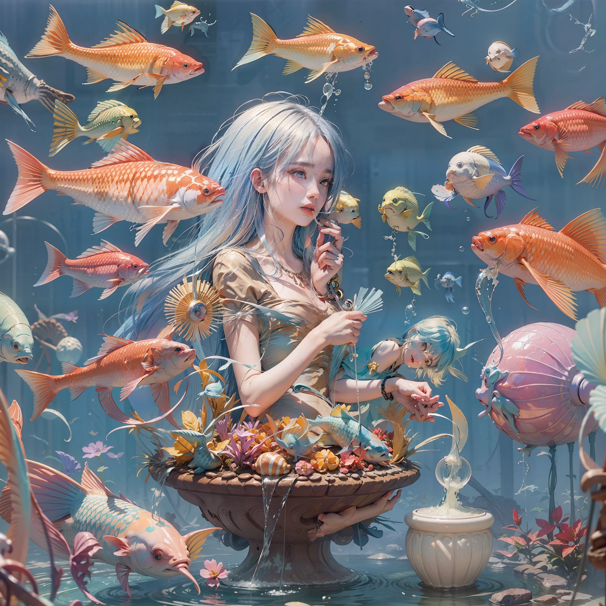 In surrealistic and realistic style. A fountain, beautiful fish floating in the air, a girl eating a candy. Strange, beautiful