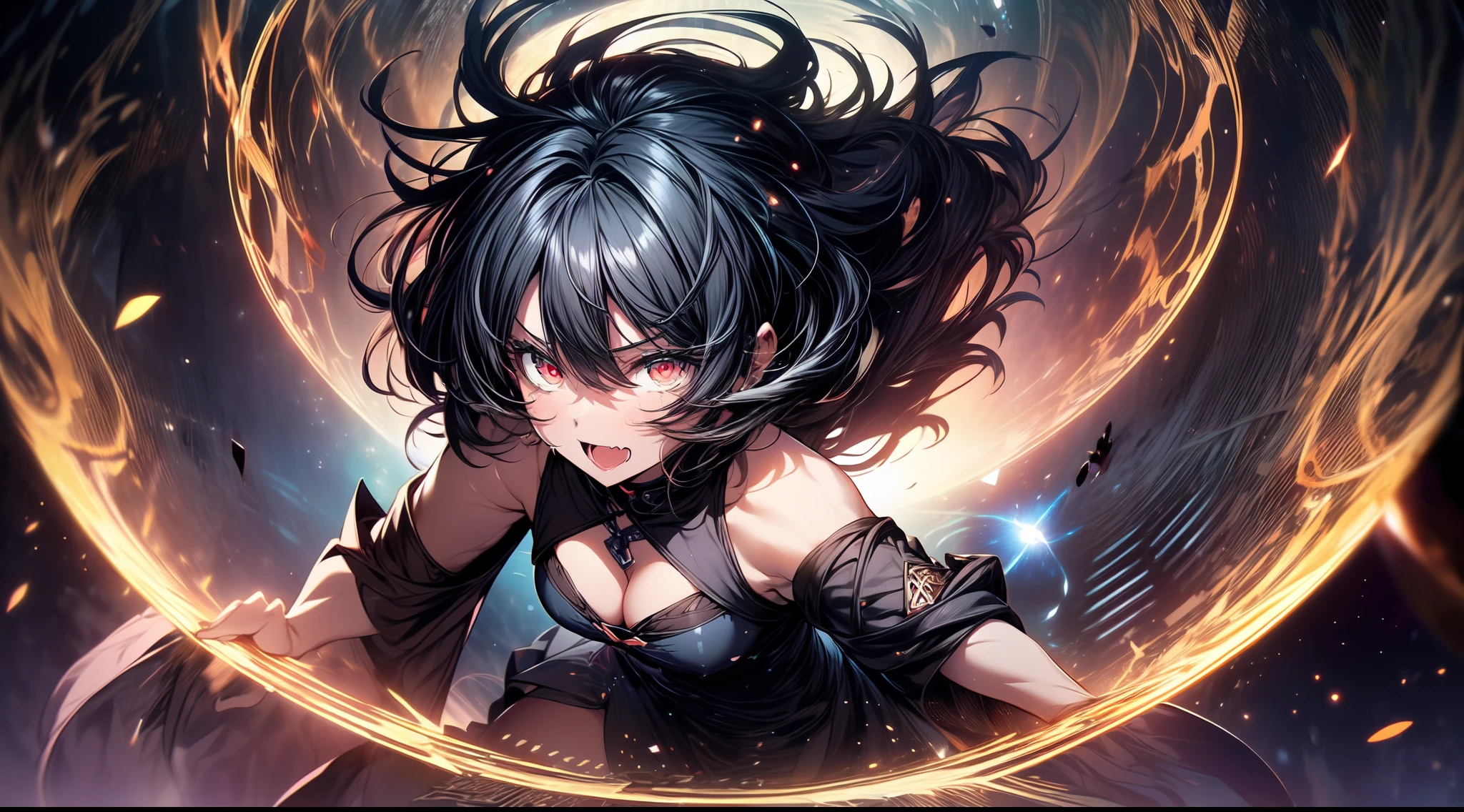 (masterpiece:1.2),extremely detailed CG unity 8k wallpaper,Amazing,1girl,solo,muscular,physique,curvy,black hair,short hair,red eyes,open mouth,fang out,full body,fighting stance,black dress,cloak,intense gaze,beautiful detailed eyes,disheveled hair,hairs between eyes,Fighting stance,light shafts,soft focus,character focus,BRAKE,(yin and yang:1.2),(magicl effect,magic circle,radical geometry resembling,branching of capillaries:1.2),fractal,ultra-detailed,(black hole:1.4),(vortex:1.2),(king of darkness:1.2),dynamic angle,shine,extremely delicate and beautiful girls,bright skin,best illustration,best shadow,finely detail,Depth of field ,(colorful painting,{very delicate light,perfect and delicate limbs},beautiful detailed dress,Flying particle,glow,(The King of darkness is behind the girl)