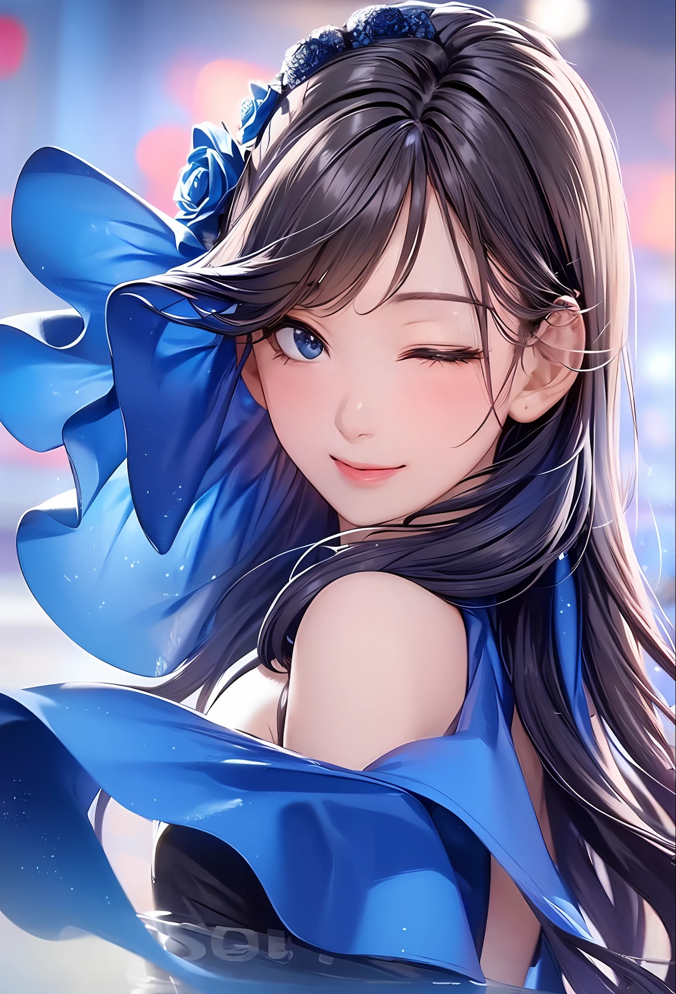 (8k, top quality, masterpiece: 1.2), (realistic, photorealistic: 1.37), super detailed, girl alone, cute, solo, midnight, beautiful detailed sky, detailed café, sitting, dating, (blush), (smile: 1.15), small breasts (mouth closed), beautiful fine eyes, floating hair NovaFrogStyle, back open dress, blue rose accessories, Blue rose background