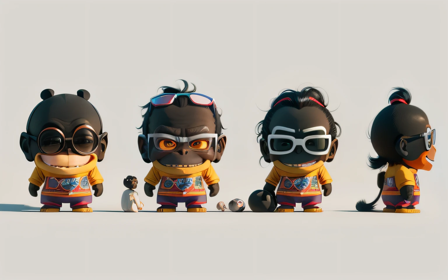 Make chimpanzee cartoon characters,Black skin,Forehead protector, Raised eyebrows, Smile, Smug, Wide eyes, Colored inner hair, wears glasses, White hair, Blind box toy style, Anime, by Pixar, Anime, anaglyph, ccurate, A high resolution, Best quality