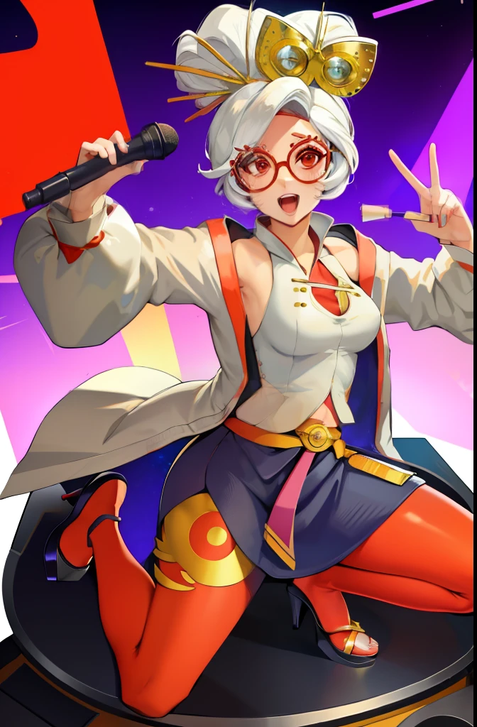 A solo shot featuring red glasses, hair ornament, white jacket, sleeveless shirt, black skirt, orange leggings, high heels  a DJ, showcasing her skills on the turntables at a vibrant rave.