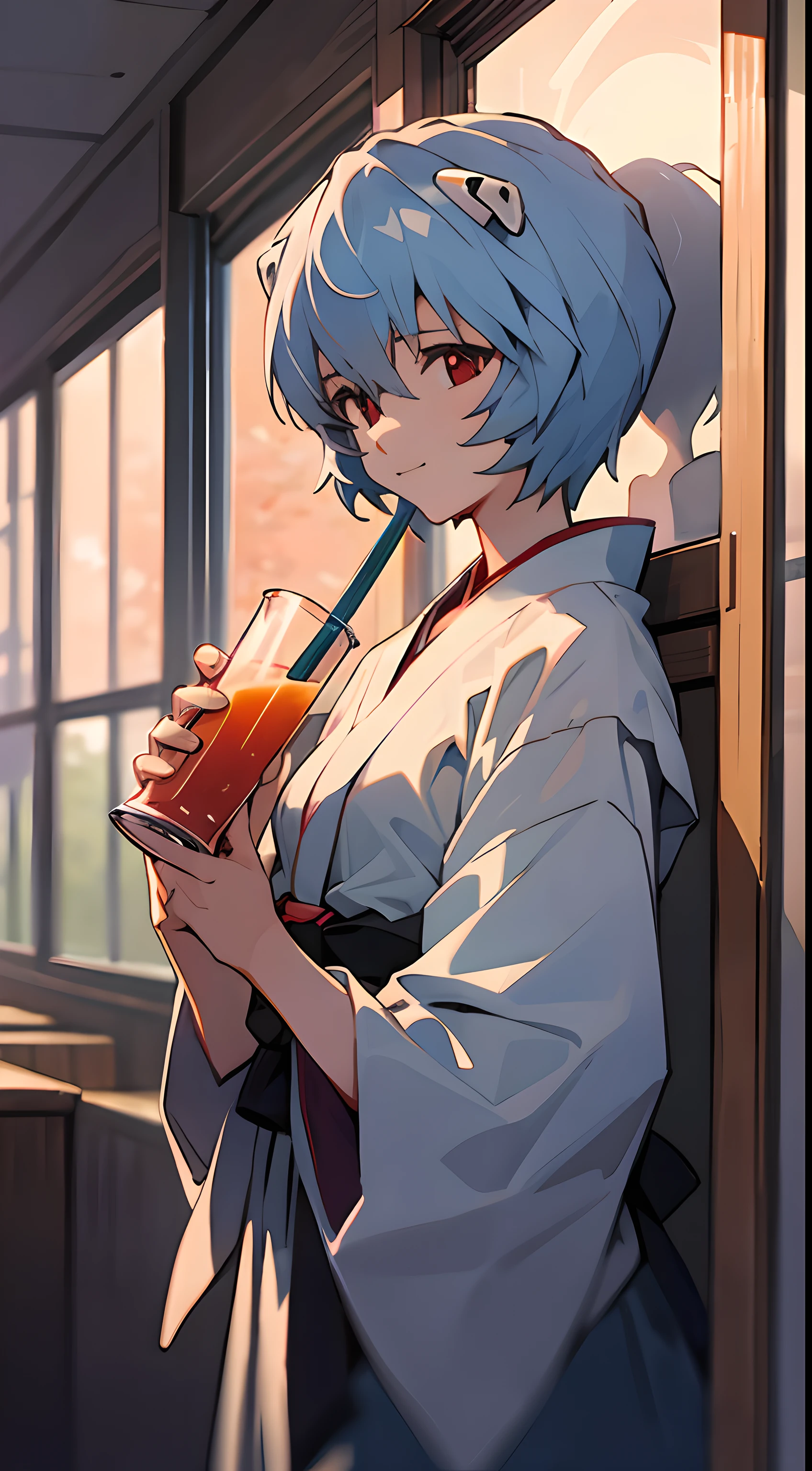 1 girl, Ayanami, Evangelion, 8K, best quality, gentle smile, japanese cloth, looking out the window, dusk light, more details,Drinking juice, summer, cool style, bright colors