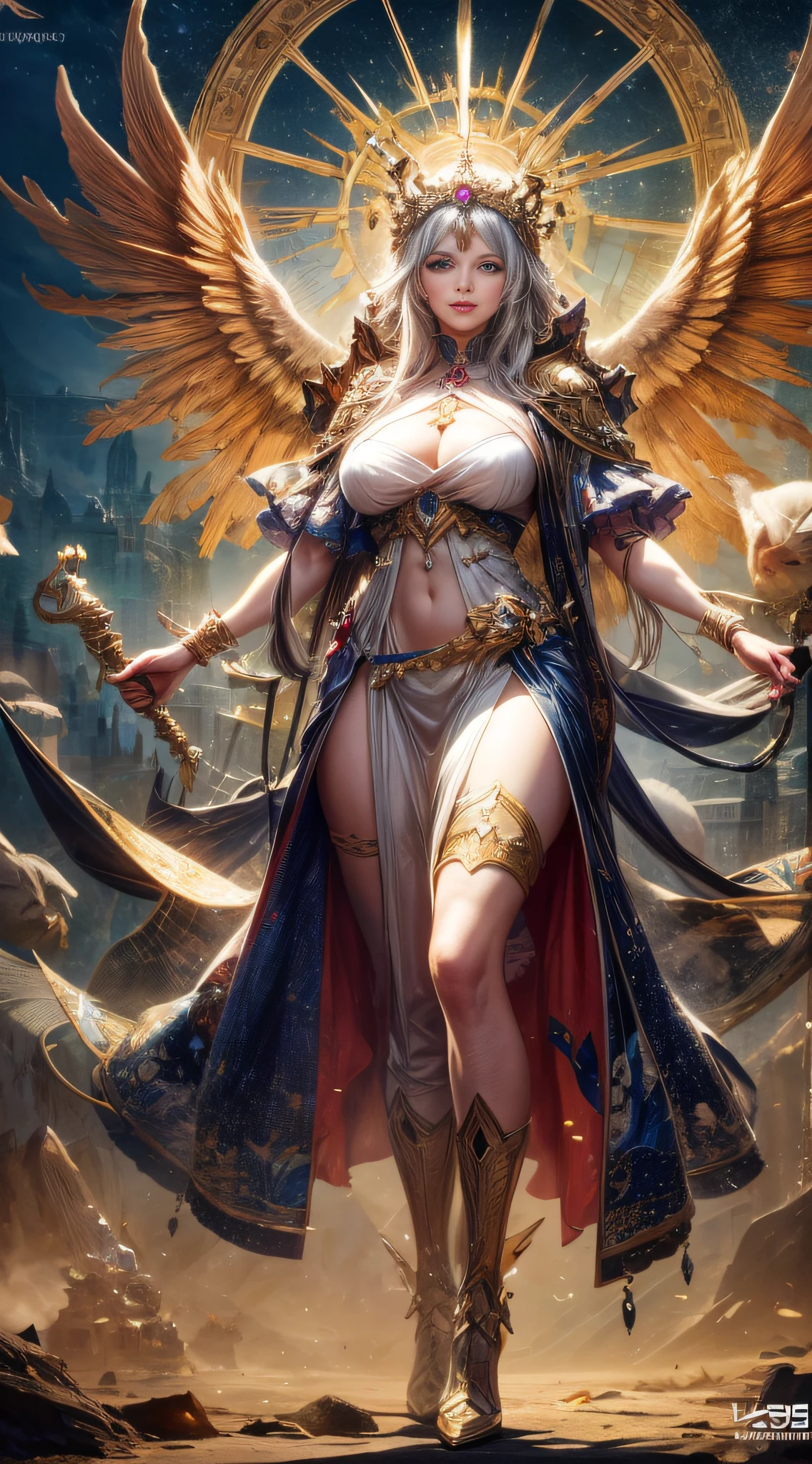 1girl, beautiful sun empress, detailed eyes, detailed face, mature face, athletic body, looking at viewers,full body, light smile,detailed skin,mature body, tall body,seductive body,medium big breast, medium thigh, detailed clothes BREAK desert and pyramid backgrounds, holding only one long and thick sun scepter, phoenix dragon in sky, highly saturating sunbeams, holy ceremony, angelic halo, golden and orange spark dazzling around, holy magic circle, golden crown , golden majical lightning, best quality, masterpiece, trending on Art station,BREAK,Detailed,Realistic,4k highly detailed digital art,octane render, bioluminescent, cinematic lighting BREAK 8K resolution concept art, realism,by Mappa studios,masterpiece,best quality,official art,illustration,ligne claire,(cool_color),perfect composition,absurdres, fantasy,focused,
