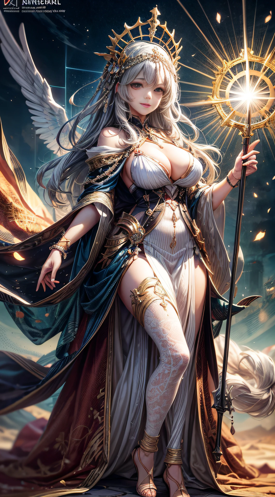 1girl, beautiful sun empress, detailed eyes, detailed face, mature face, athletic body, looking at viewers,full body, light smile,detailed skin,mature body, tall body,seductive body,medium big breast, medium thigh, detailed clothes BREAK desert and pyramid backgrounds, holding only one long and thick sun scepter, phoenix dragon in sky, highly saturating sunbeams, holy ceremony, angelic halo, golden and orange spark dazzling around, holy magic circle, golden crown , golden majical lightning, best quality, masterpiece, trending on Art station,BREAK,Detailed,Realistic,4k highly detailed digital art,octane render, bioluminescent, cinematic lighting BREAK 8K resolution concept art, realism,by Mappa studios,masterpiece,best quality,official art,illustration,ligne claire,(cool_color),perfect composition,absurdres, fantasy,focused,