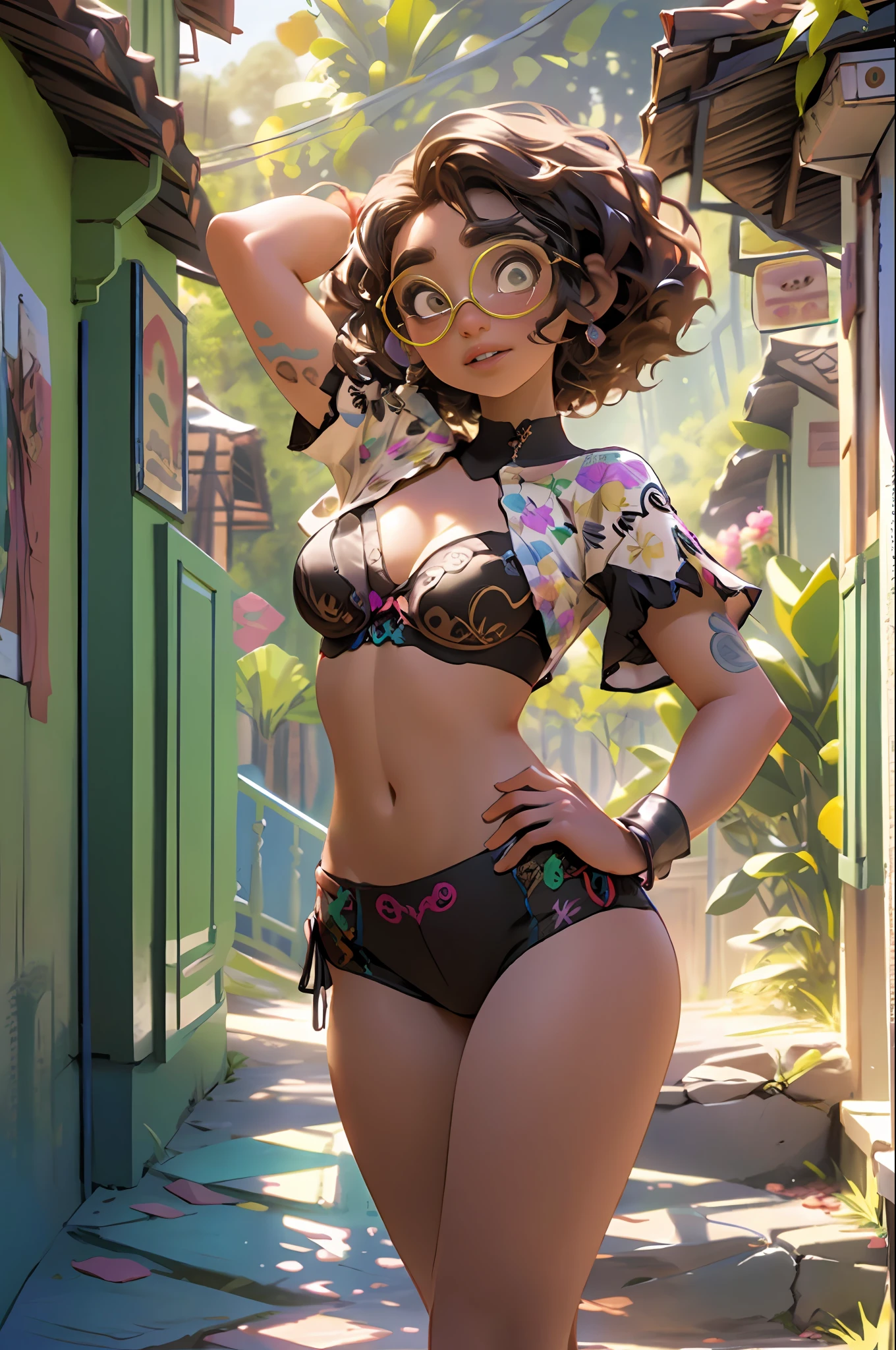 Chica guapa de cuerpo entero, pechos grandes, small waist, bragas balncas, brassiere, casa de Encanto de Disney de fondo, lentes, Maribel Madrigal de Encanto