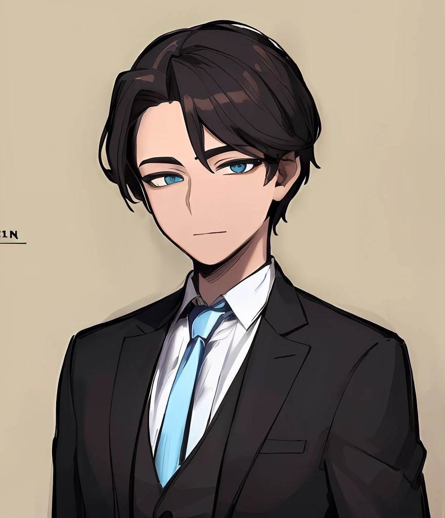 ((Masterpiece))), (((Best Quality))), ((Ultra-detailed)), (very detailed illustration  (Masterpiece: 1.2), (Best Quality: 1.3), 1 guy standing Guy in a formal suit with a black tie . Dark hair, Cyan eyes