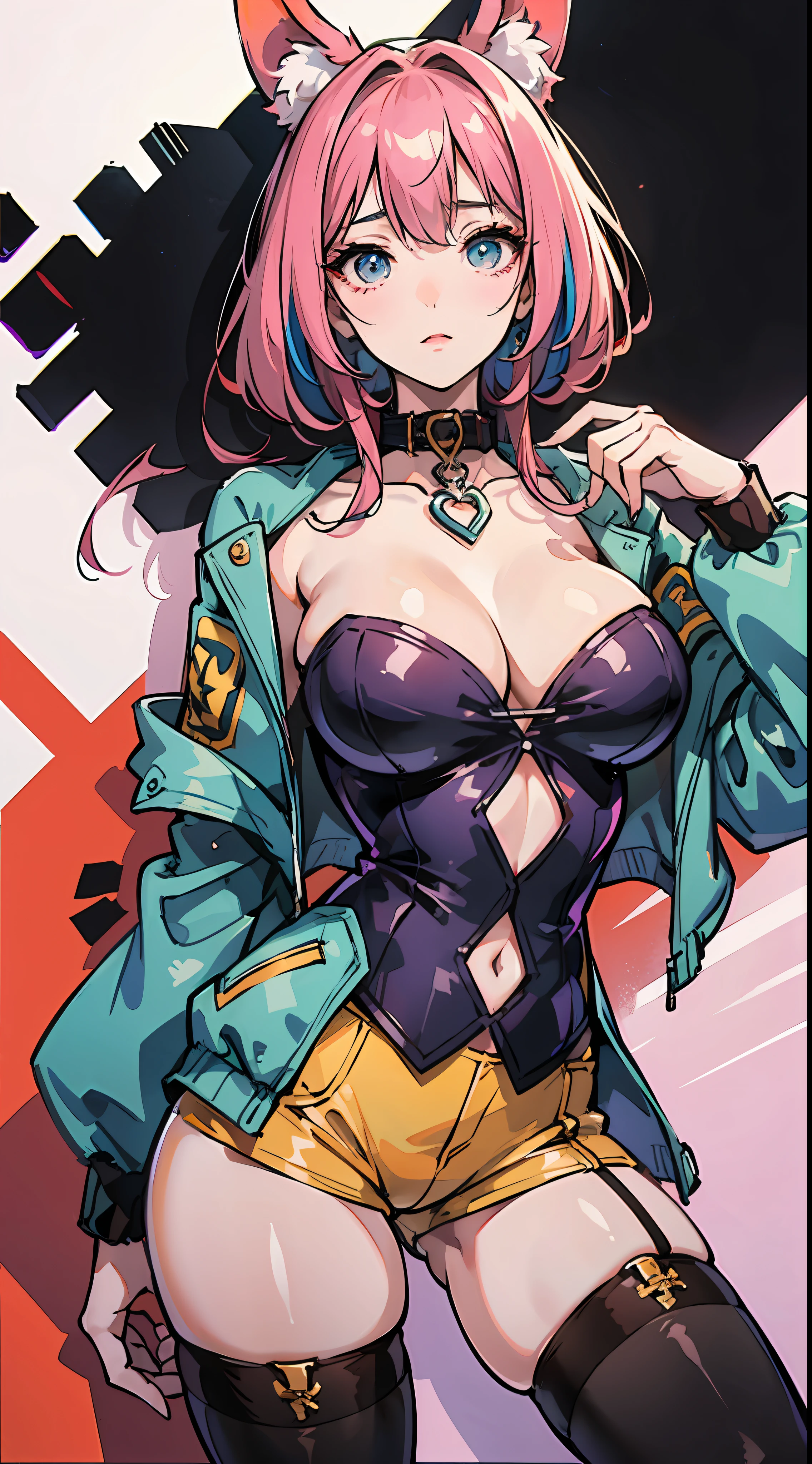 ((Little sister)), realisticlying, best qualtiy, (((((Expose cleavage: 1.5)))), ((Collar)), (Short coat)))), (beast ear)))), full bodyesbian, (Low-rise hot pants), (20 yrs), ((Colored tights: 1.5)), (Large breasts: 1.9)))), (Raised : 1.8))))), (((((Open legs: 1.8)