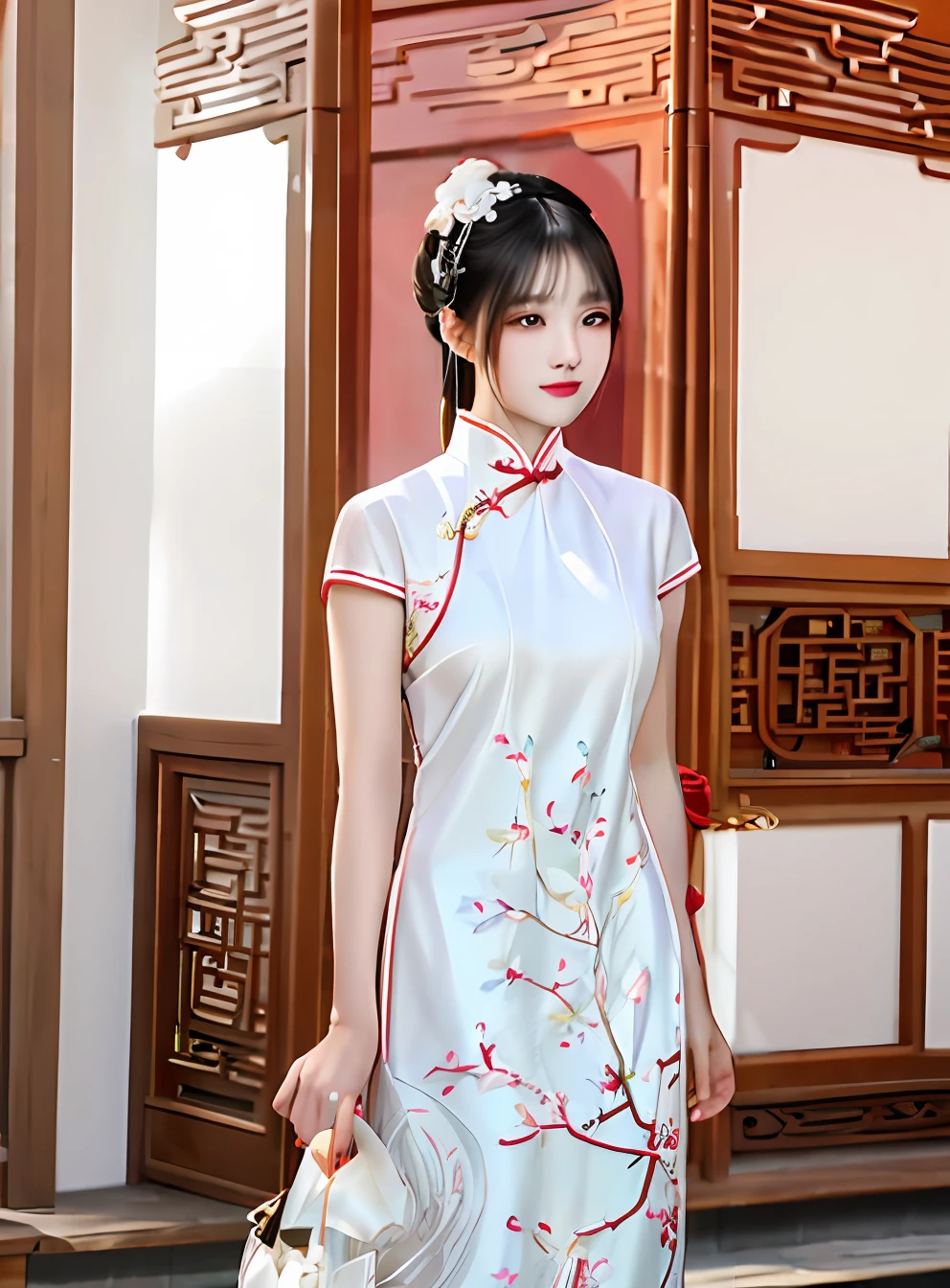 An Allard woman in a white dress stood in front of the door, Chinese dress, Cheongsam, Chinese style, Chinese traditional, Traditional Chinese clothing, Chinese girl, Chinese costume, with acient chinese clothes, Chinese woman, Wearing ancient Chinese clothes, Wearing a red cheongsam, White Hanfu, with ancient chinese aesthetic, style of guo hua,The finger part is clear,Facial expressions are more natural