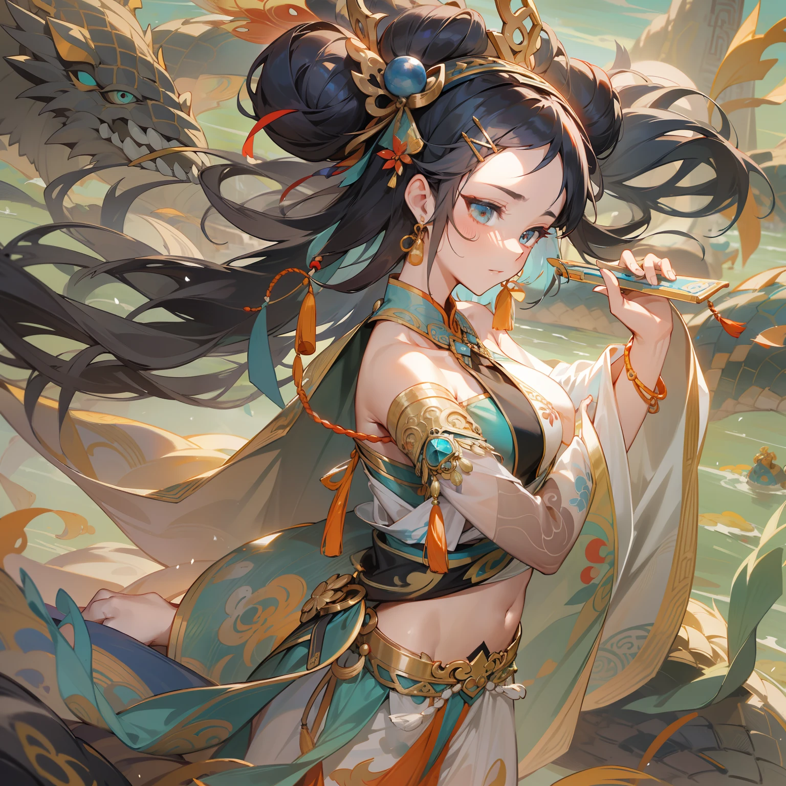 An ancient Chinese beauty，two hands，structurally correct，Dragon and phoenix background，dance，The ornate costumes are embroidered with intricate embroidery，A long transparent colored streamer is tied around the arm，flowy，Open navel，cropped shoulders，Bare neck，Yingluo，Black coiled hair bun hairpin hairband，The armband is tied with a streamer，Bracelet，Anklets，A metal chain tassel is tied around the waist，Mogao Cave Art，Inspiration for the Dunhuang flying mural，water ink，CGstation is popular --v 6