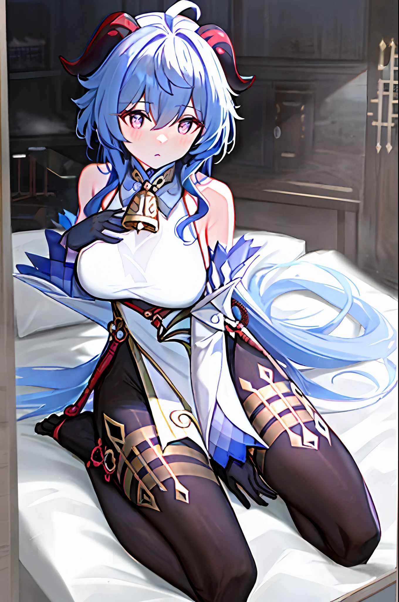 Ganyu\(Genshin Impact\), 1girll, ahoge, buliding, By bangs, cropped shoulders, bell, Black gloves, Black tights, ((Blue hair)), Blushlush, Breasts, Chinese knot, the sleeve, east asian architecture, flower knot, mitts, cow horn, long whitr hair,, Bigchest, Neckbells, the night, exteriors, lacepantyhose, purpleeyes, Temple, Solo, nipple tassels, White sleeves, ((Masterpiece)),blacksilk,upper legs,Big buttocks,Bandeau,onbed,Kneeling,
