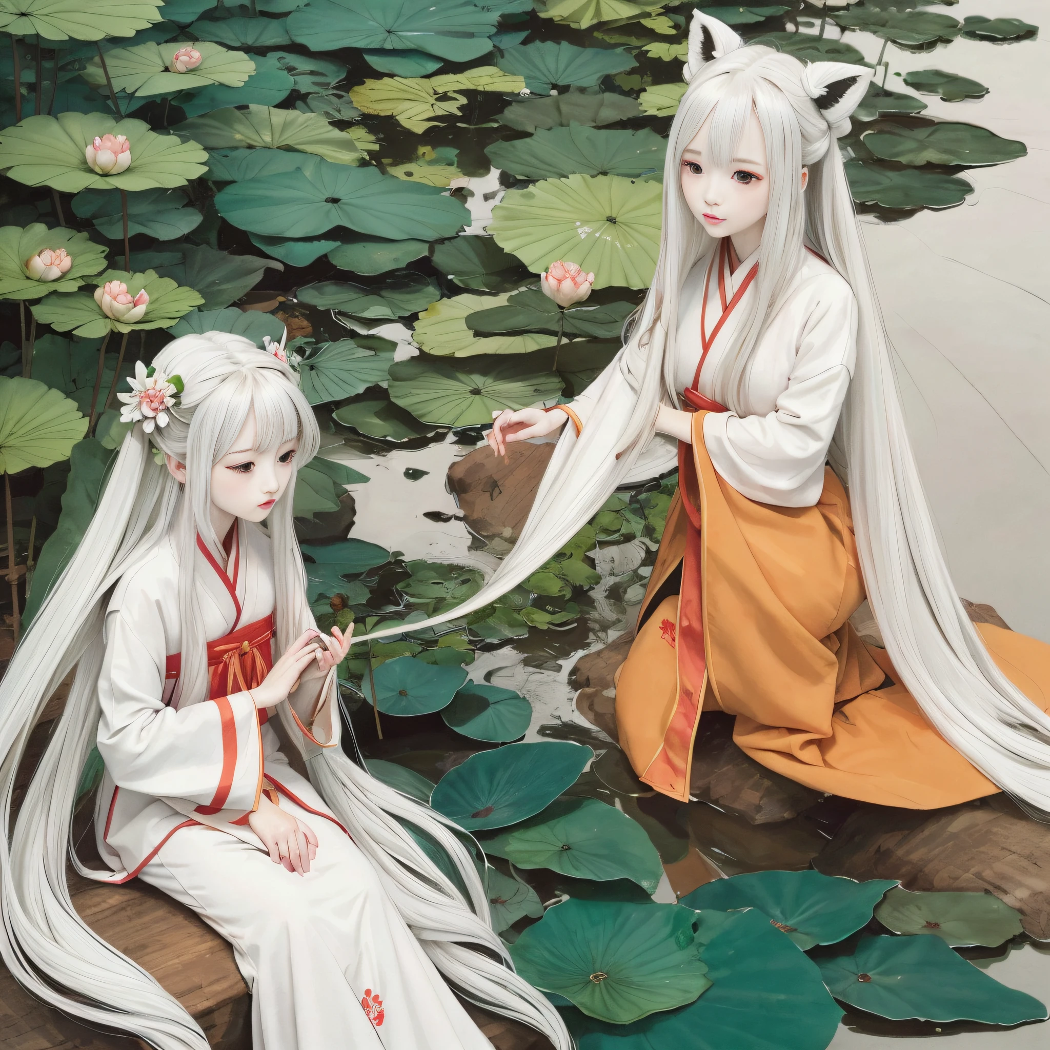 Traditional chinese painting, lotuses, Hanfu,dress conservatively 1 girl, 独奏, whaite hair, long whitr hair, fox ear, white colors,The fish, Many fish are close to the girl, Look at the audience's white hair, flowing hair, 8K resolution, excellent picture effect