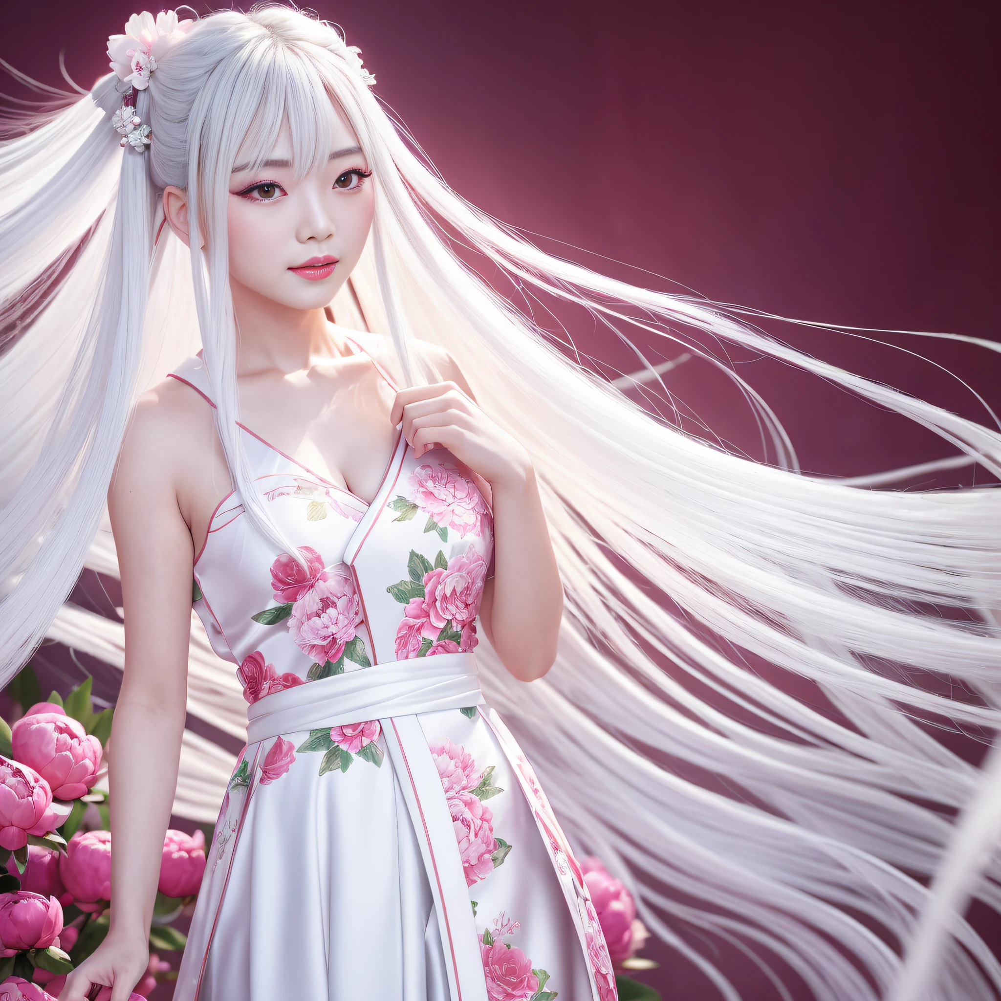 Peony background 1 girl white hair flowing hair Hanfu dress 8k resolution Excellent picture effect