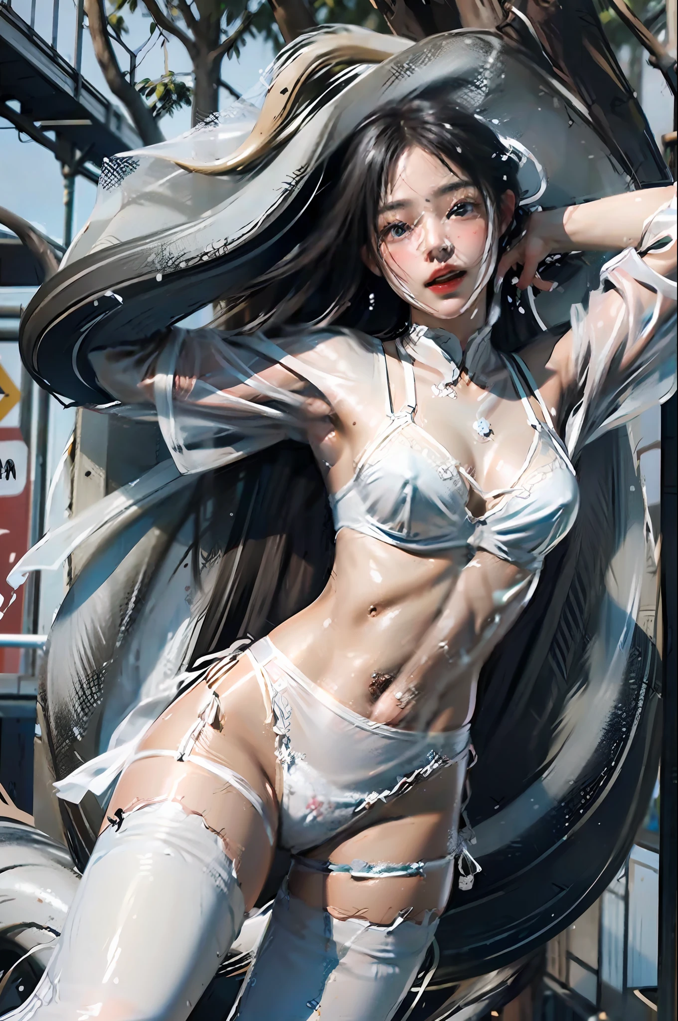 The young woman wore only a transparent underwear and rode on horseback, her mouth open and flowing white liquid