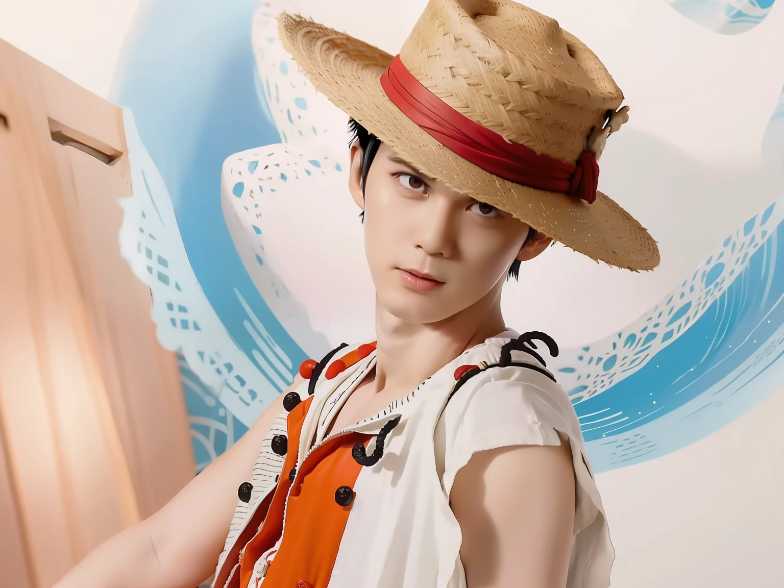 1boy, mugiwara no luffy, pirates, short hair, black hair, realistic, detail ultra, 77mm lens