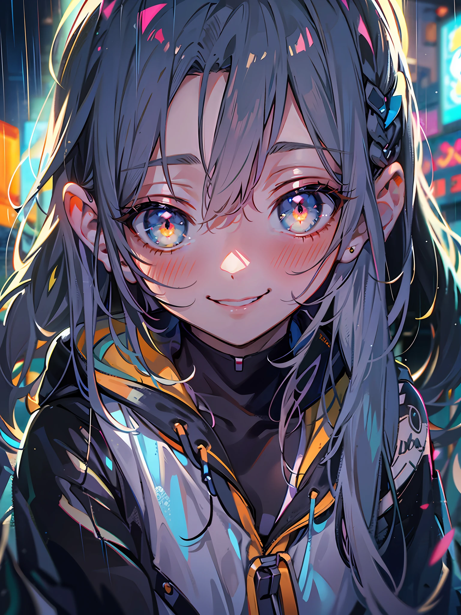 masterpiece, best quality, half body, portrait, night city, 1girl, anime, 3D, Japan, pixar, realistic, girl, smiling, cute face, harajuku fashion style, rain coat, beautiful, colourful, neon lights, cyberpunk, smooth skin, illustration, artstation, painting by stanley artgerm lau, sideways glance, foreshortening, extremely detailed 8K, smooth, high resolution, ultra quality, highly detail eyes, highly detail mouth, highly detailed face, perfect eyes, both eyes are the same, true light, glare, Iridescent, Global illumination, real hair movement, real light, real shadow, real face, hd, 2k, 4k, 8k, 16k, realistic light, realistic shadow, bright Eyes, fluorescent eyes, soft light, dream light