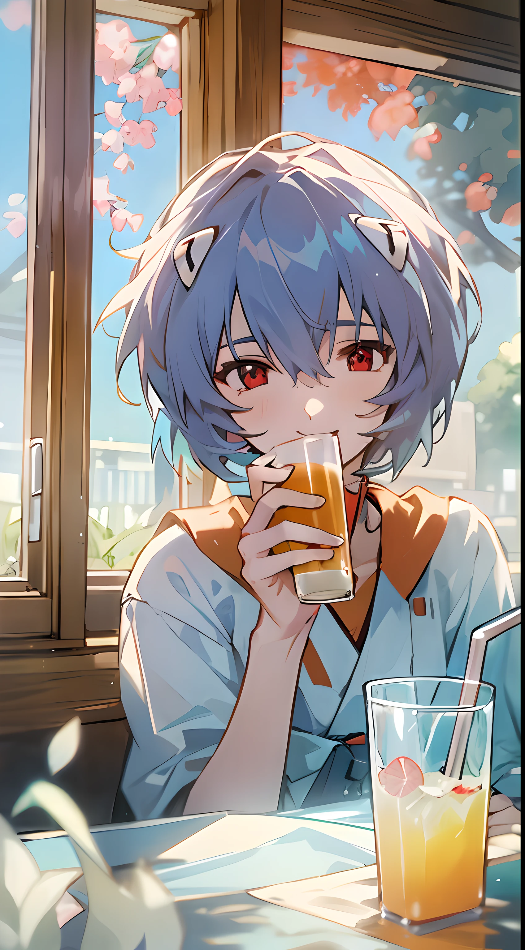 1 girl, Ayanami, Evangelion, 8K, best quality, gentle smile, japanese cloth, looking out the window, more details,Drinking juice, summer, cool style, bright colors,sunlight