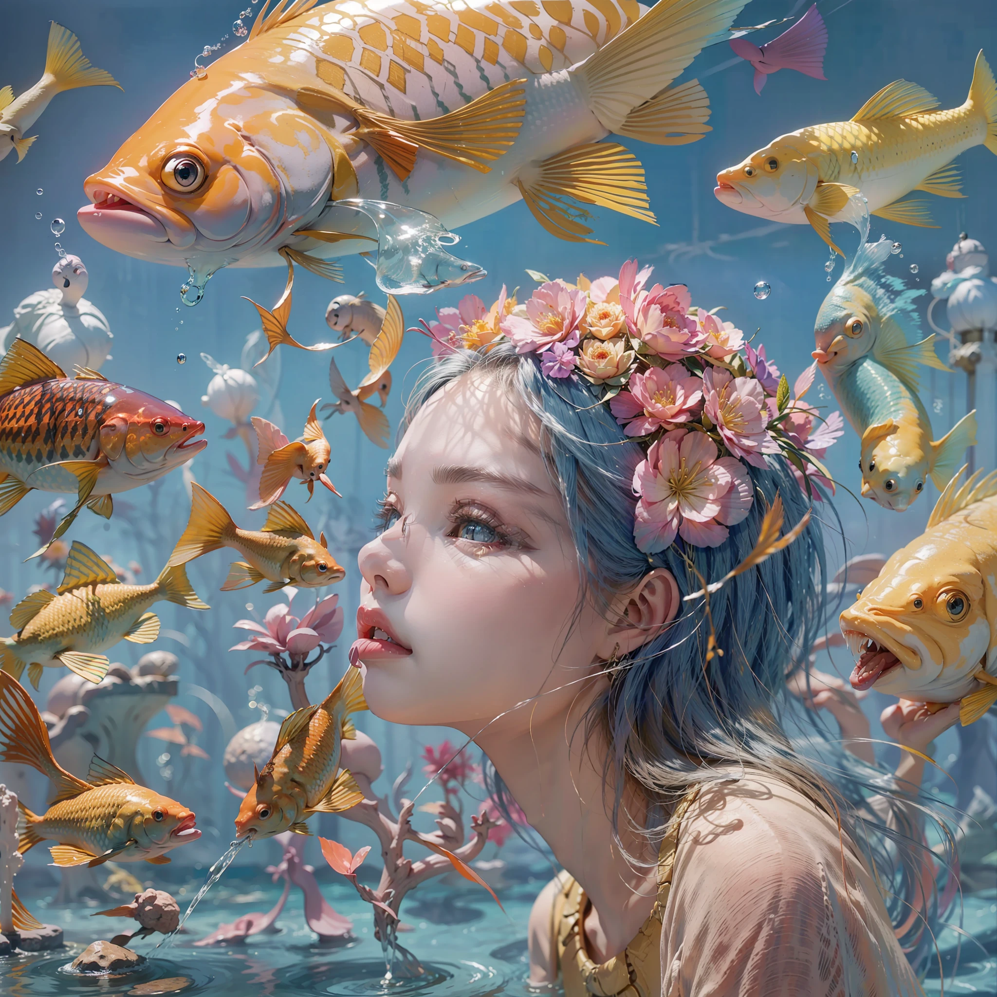 In surrealistic and realistic style. A fountain, beautiful fish floating in the air, a girl eating a candy. Strange, beautiful