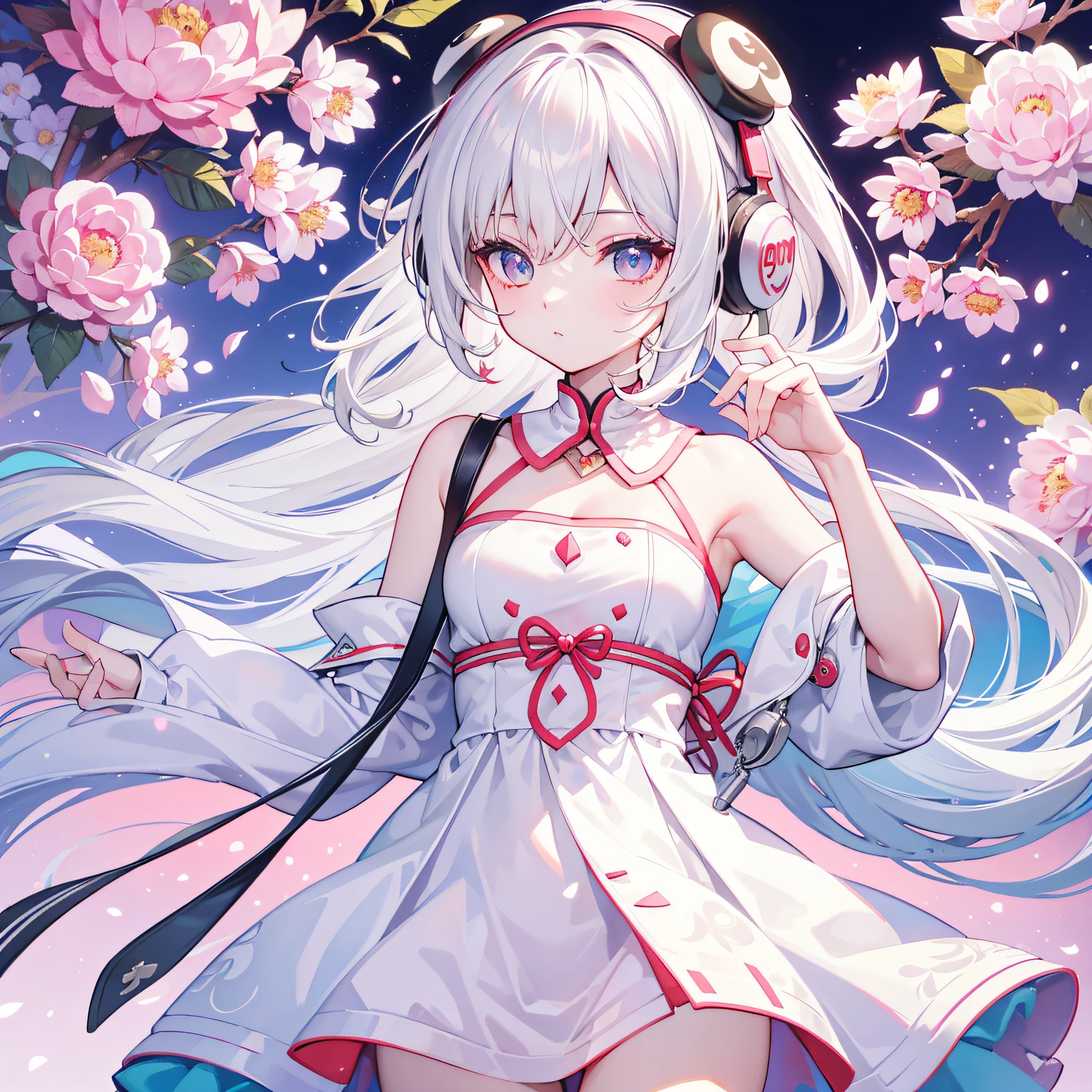 tmasterpiece，best qualtiy，Lots of detail，(full bodyesbian:1.2)，tchibi，Panda Boy，White color hair，Magic dress，Light-colored headphones，3Drenderingof，Q printmaking style peony flower background