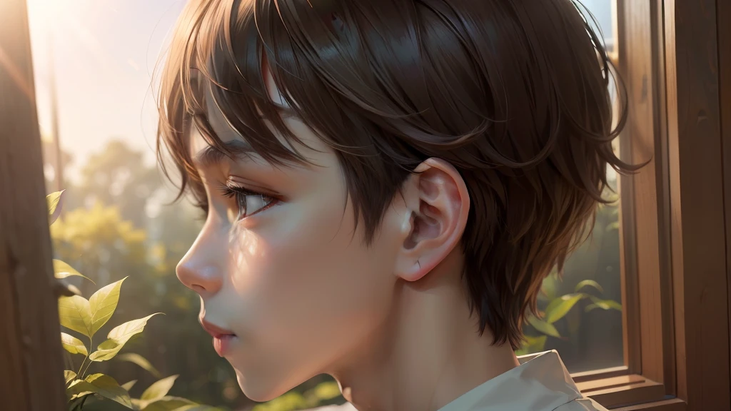 ​masterpiece、top-quality、1boy、Hardwood trees々Sunlight shining in from between、early summer、Profile of a man with kind eyes