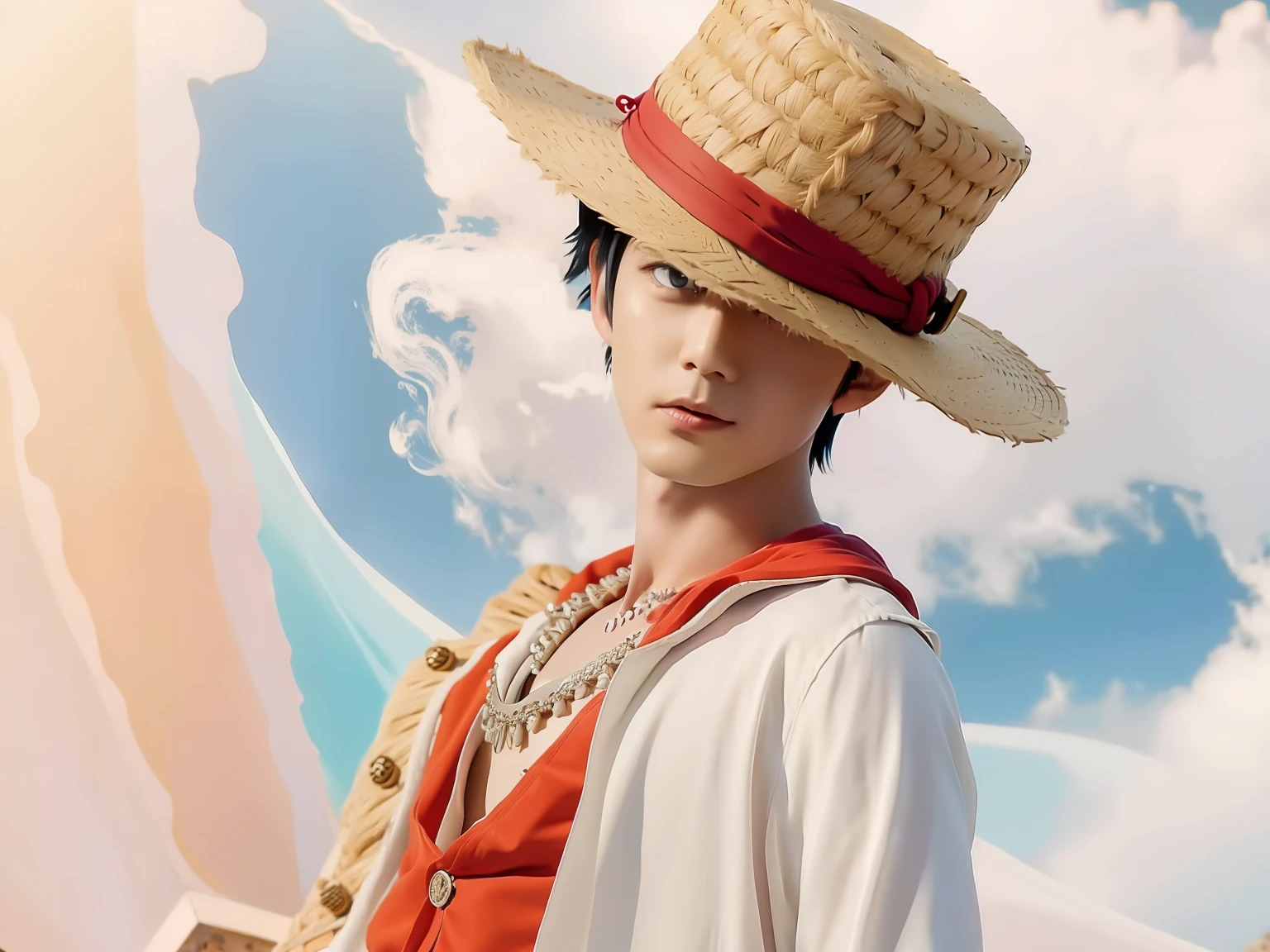 1boy, mugiwara no luffy, pirates, short hair, black hair, realistic, detail ultra, 77mm lens