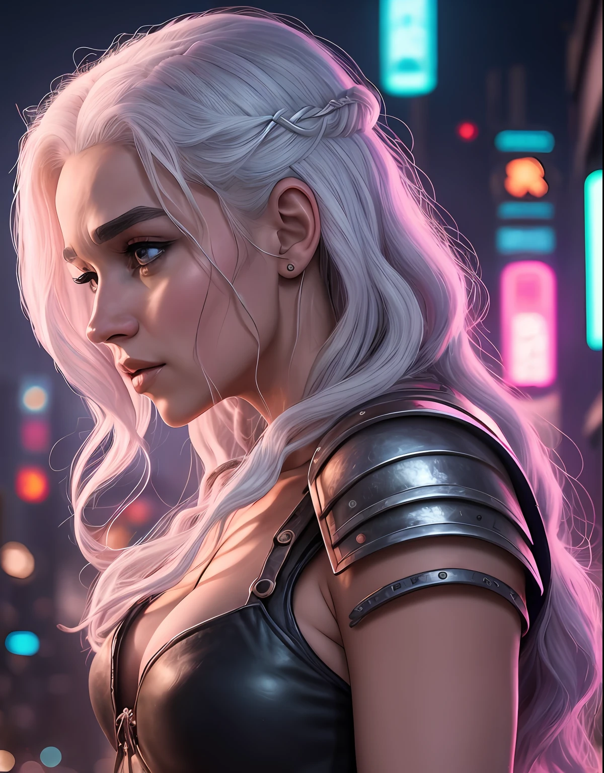 Close-up, foto crua de Daenerys Targaryen, Cidade Cyberpunk movimentada com placas de neon, altamente detalhada, arts station, liso, foco nítido, 8k, trending in instagram, Trending on Tumblr, HDR 4K, 8k