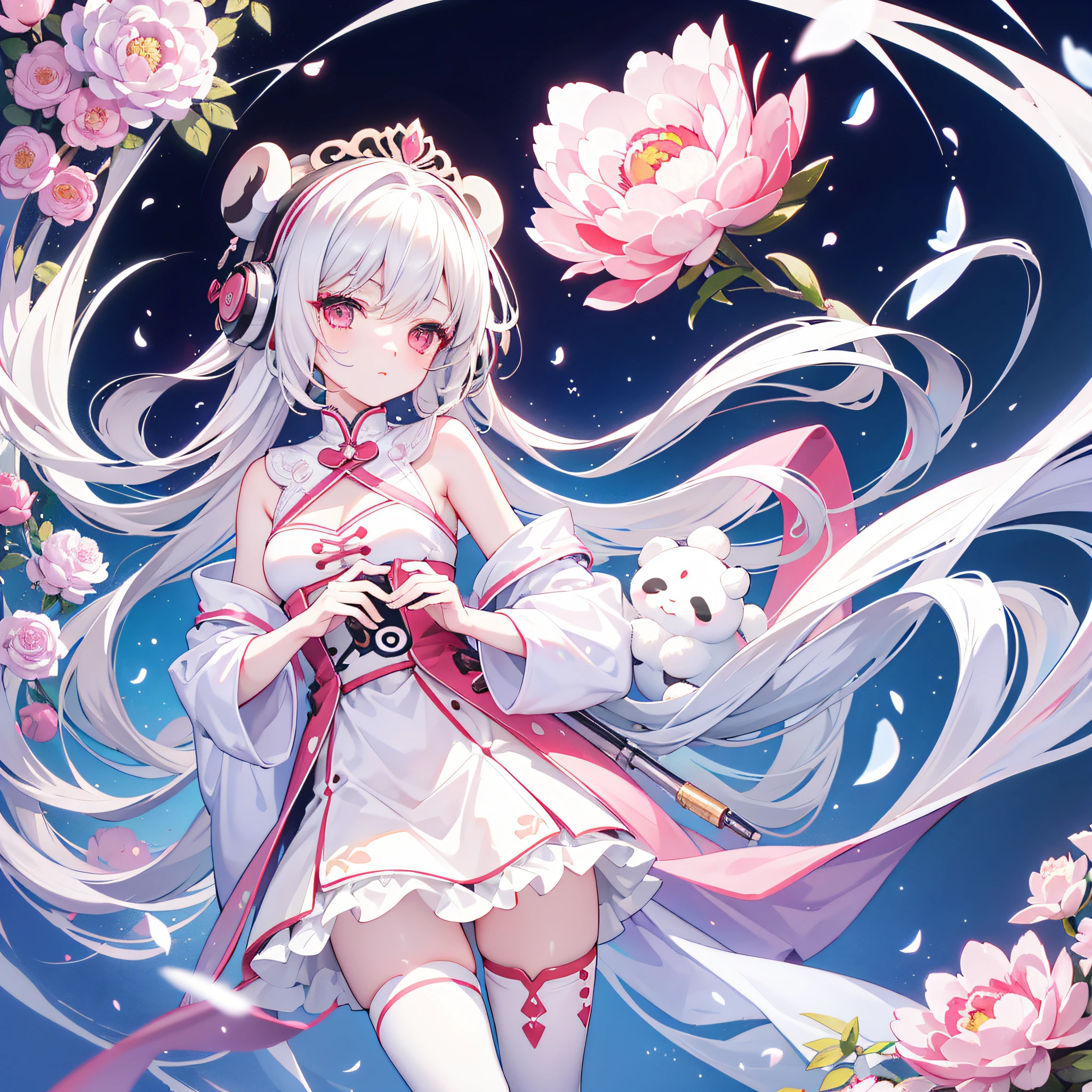tmasterpiece，best qualtiy，Lots of detail，(full bodyesbian:1.2)，tchibi，Panda Boy，White color hair，Magic dress，Light-colored headphones，3Drenderingof，Q printmaking style peony flower background