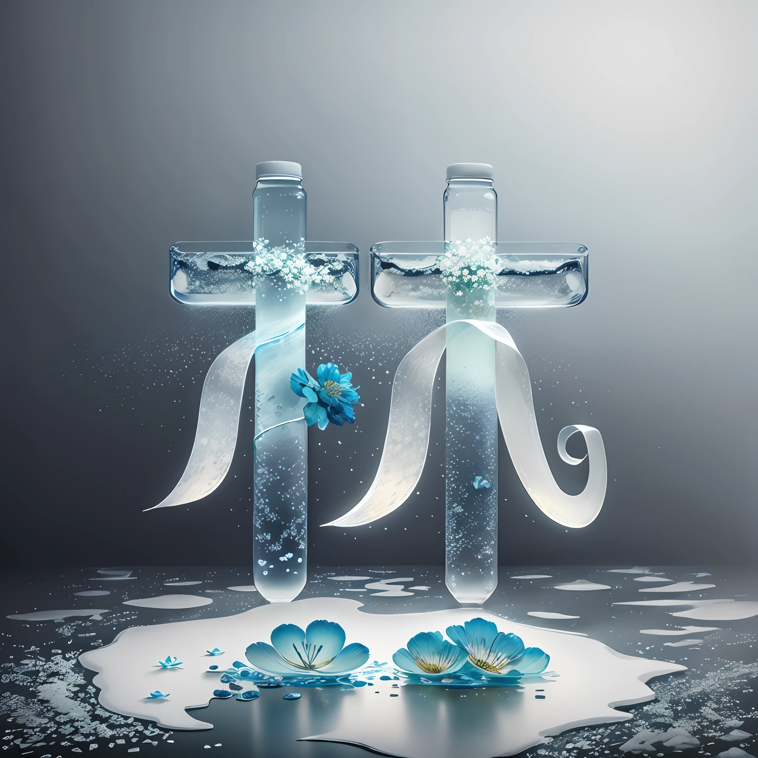 Food advertising of flowers on ice,In an ethereal minimalist style,Düsseldorf School of Photography,Translucent water,
eco-friendly craftsmanship,light blues, Minimal embellishments,kintsugi,White white background,