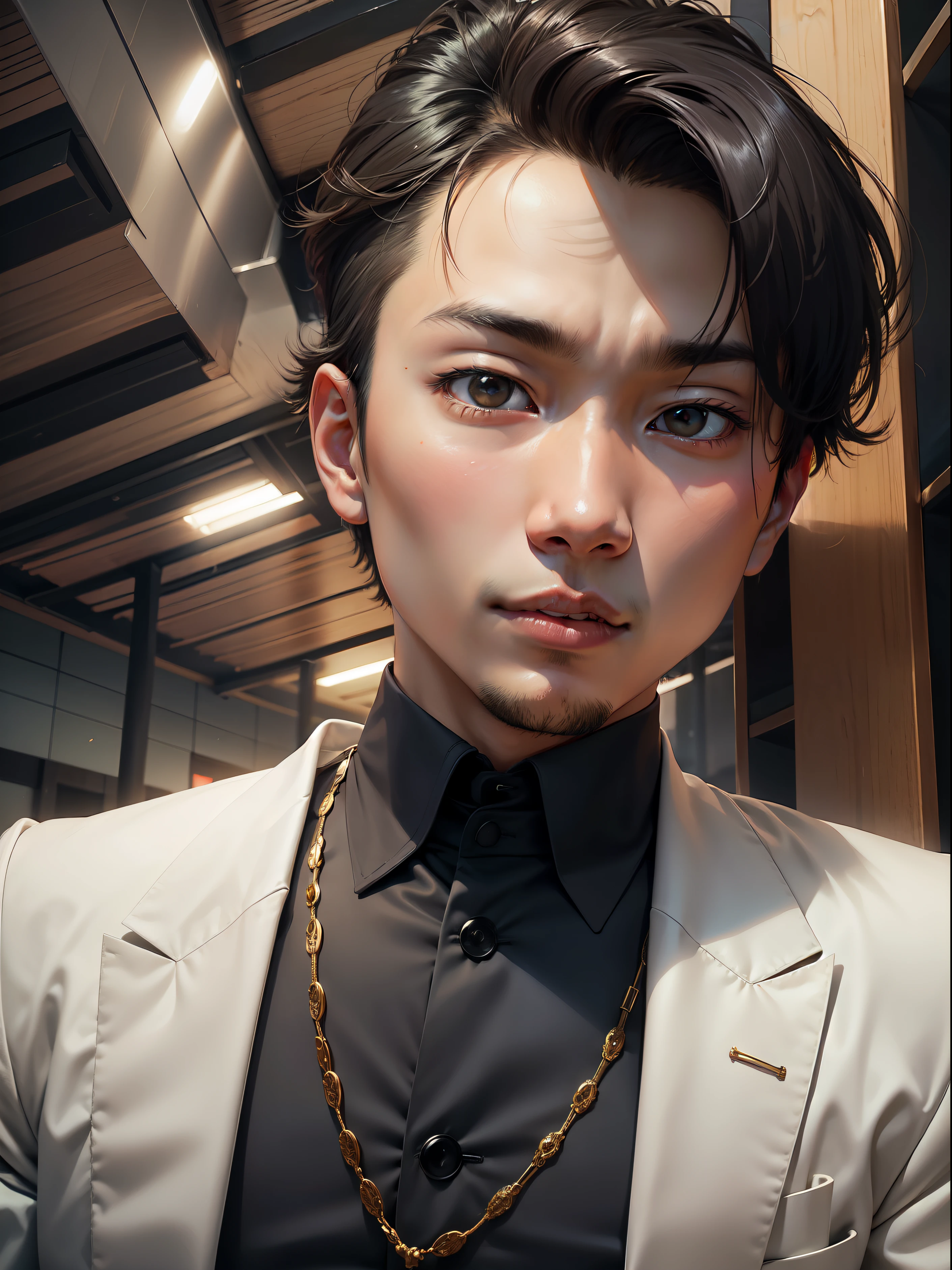 Myo a young asian man wear gentleman suit and sitting on the throne