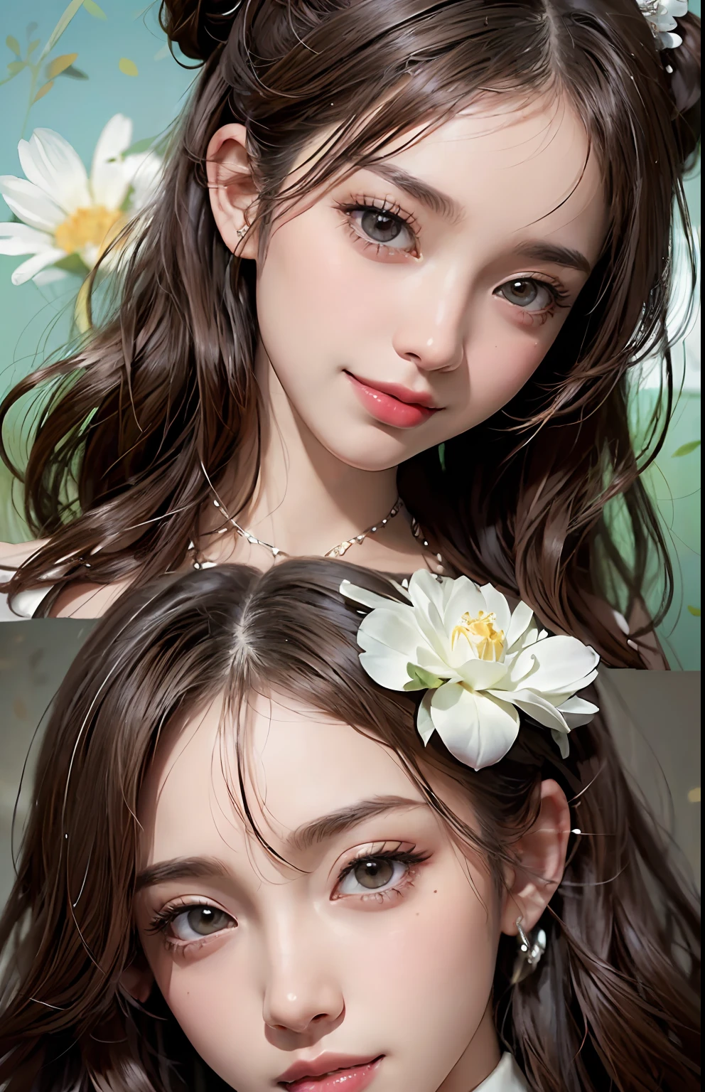 (A hyper-realistic)、(illustratio)、(hight resolution)、(8k picture)、(ighly detailed)、(Best Illustration)、(beautifully detailed eyes)、(top-quality)、(ultra-detailliert)、(​masterpiece)、(wall-paper）、（A detailed face）、1 girl in、Viewer's Perspective、full body Esbian、fine detailed、A detailed face、lowkey、pureerosfaceace_v1、Dark eyeliner、bangss、Colossal tits、(32k images、​masterpiece)、1girl in、Intricate and detailed wedding dresses、constricted hips、beautiful and long hair of brown color、poneyTail、large full breasts、Brown eyes、a necklace、耳Nipple Ring、skinny thigh、Kiss Face、Happy smiling face、Beautiful teeth alignment、chies、noble、elegent、hair adornments、Be blessed、