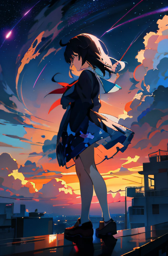 Anime girl standing on windowsill，Gaze at the beautiful anime sky。The background is a star-dotted night sky。Artist Makoto Shinkai、Cyril Rolando、Stylistic elements from Artgerm and Atey Ghailan come together，Created a 4K anime comic book style。Based on the style of Alena Ainami，The beauty of anime artworks in the landscapes of Ilya Kuvshinov is depicted。The picture is full of Ainami Alena's delicate style，Immerse yourself in anime colors，Enjoy the beauty of the sunset together。